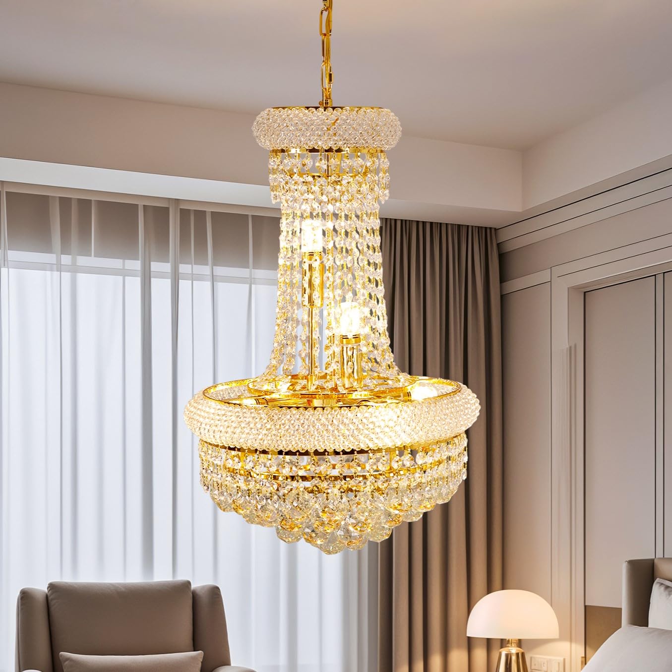 Kristall Kronleuchter Gold 6-Light Ø40cm: Pendelleuchte Vintage Korb Lüster Deckenleuchte mit 6 x E14 Lampen, 3 wählbare Farbtemperaturen & höhenverstellbar für Flur, Kücheninsel