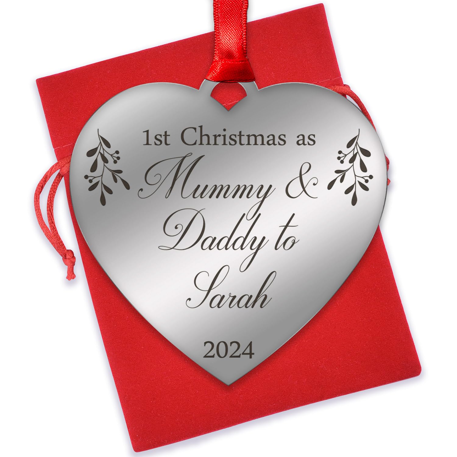 Beecreative 1st Christmas Acrylic Mirror Heart Hanging Ornament - Personalised for New Parents & Grandparents - Gift with Red Velvet Bag