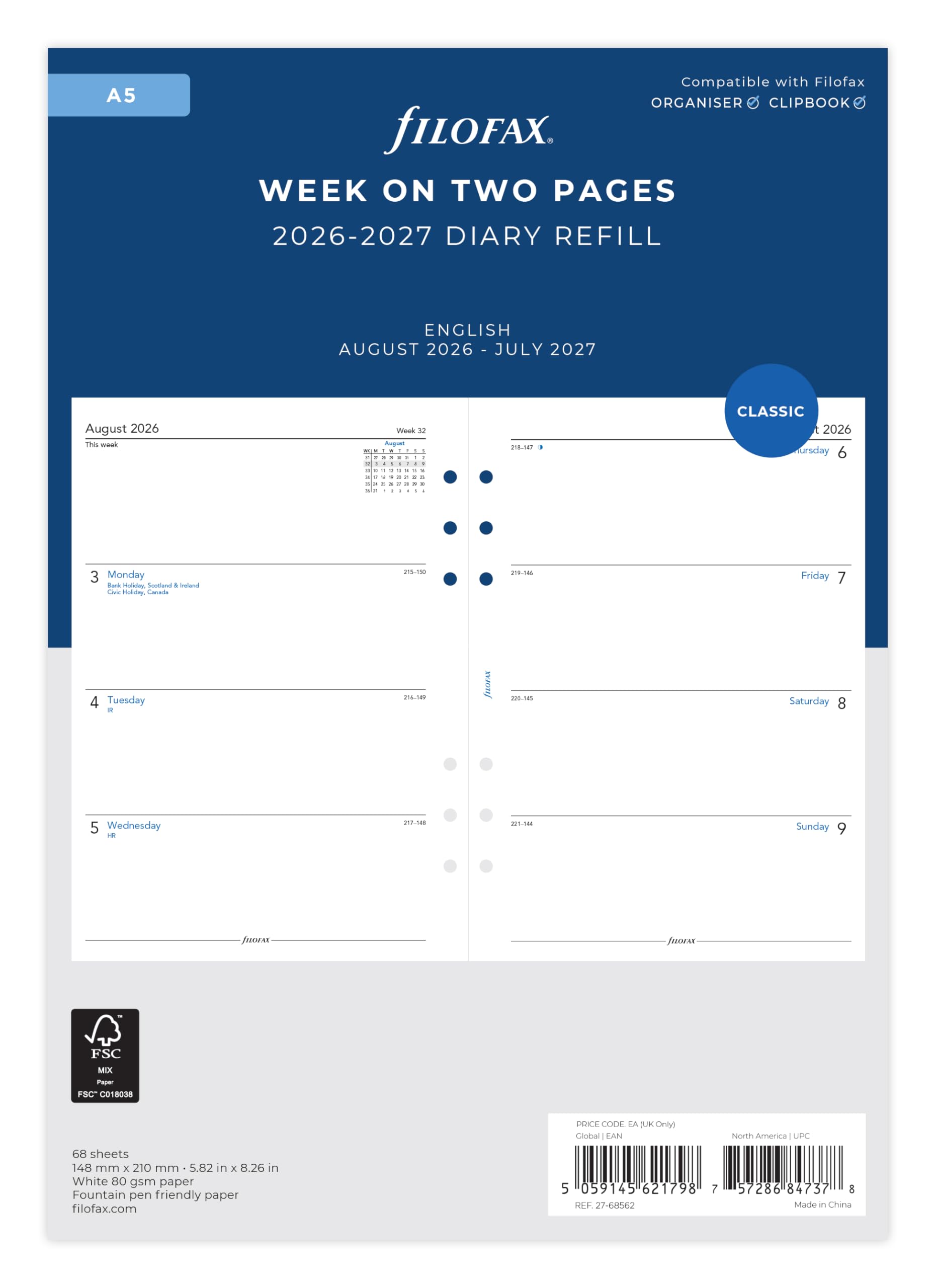 Filofax 26/27 Mid Year A5 Diary - Week On Two Pages  + 50Sht White Ruled Notepad