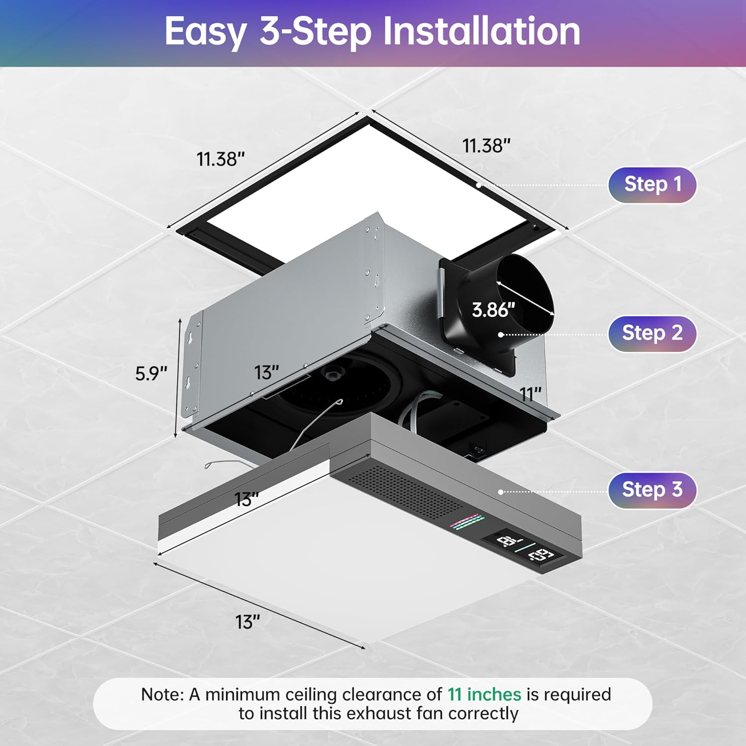 Diagram showing 3-step installation process for the exhaust fan