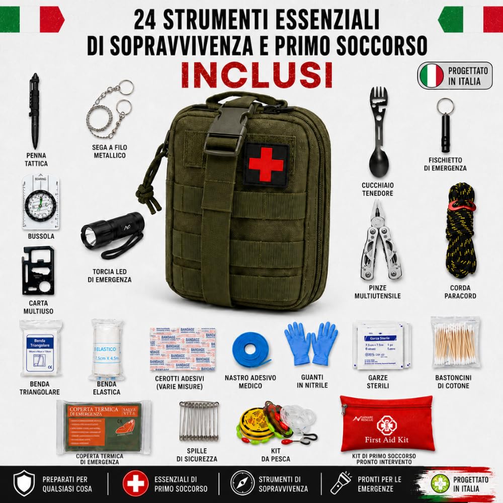 Kit di sopravvivenza UE 2025 con zaino, astuccio per farmacia e torcia, copertura termica sopravvivenza, coltello da sopravvivenza militare professionale, ascia, medicazioni, fischietto e bussola