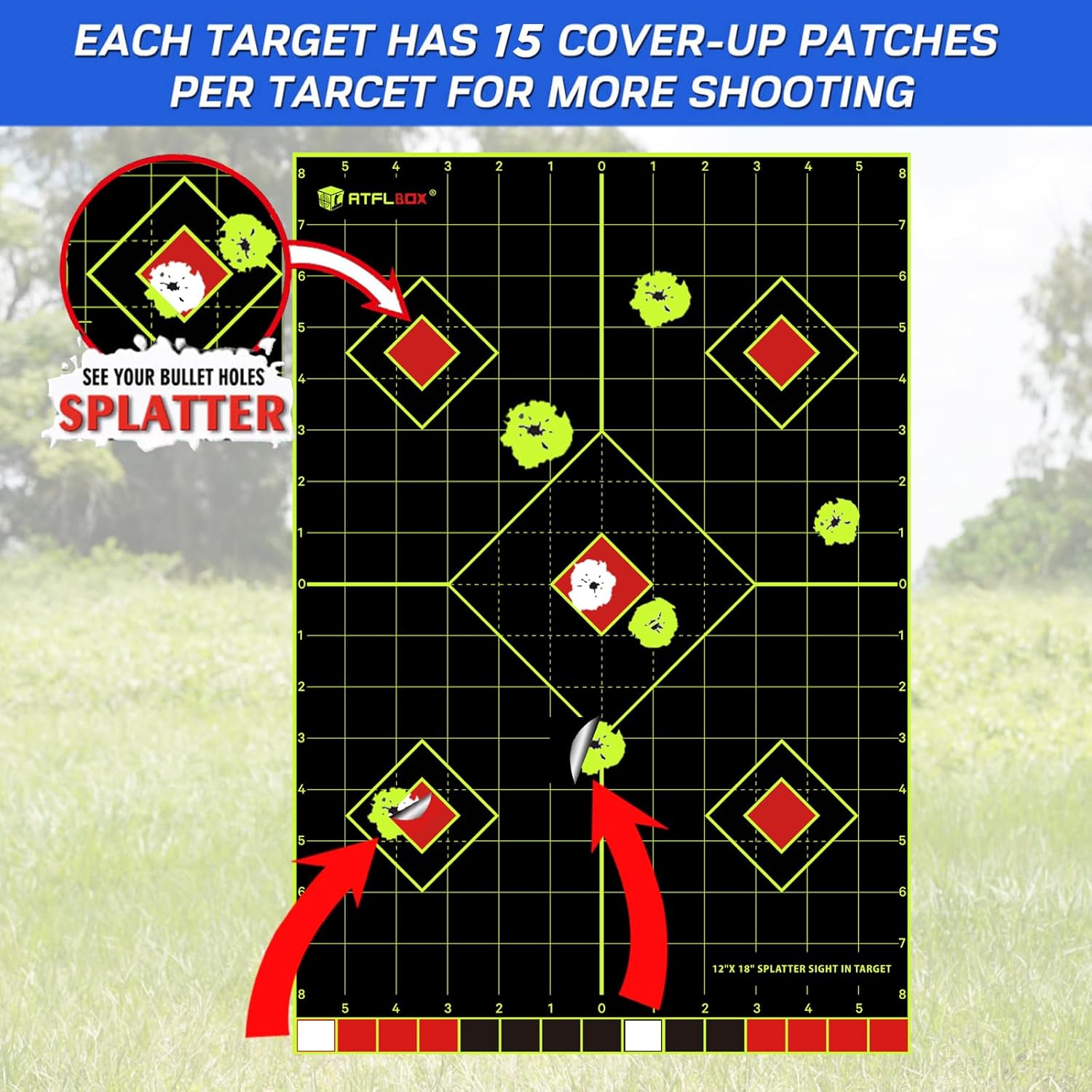 ATFLBOX 12x18 inch Sight in Splatter Paper Target and Adhesive Target Sticker, Two-Color Bright Fluorescent Yellow and White, Easily seen on Impact for Indoor and Outdoor Shooting Range