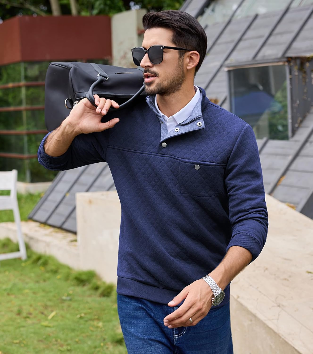 URRU Men's Quilted Sweatshirt Contrast Stand Collar Dressy Casual Long Sleeve Quarter Botton Fall Pullover Sweaters S-2XL - Image 3