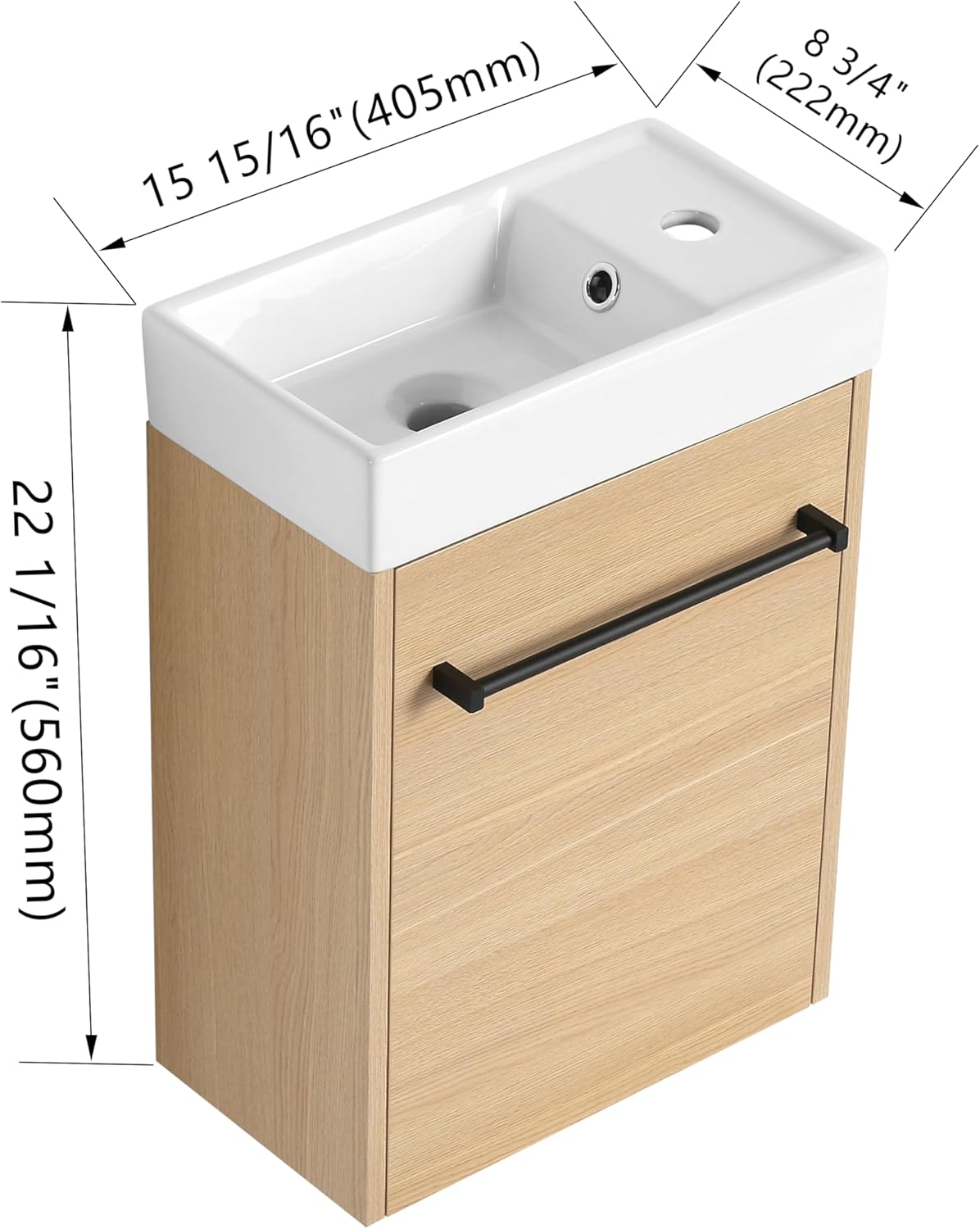 KEIKI 16'' Bathroom Vanity Cabinet with Sink, Wall Mounted Floating Bathroom Vanity with Soft-Close Cabinet Door, for Small Bathroom, Light Oak