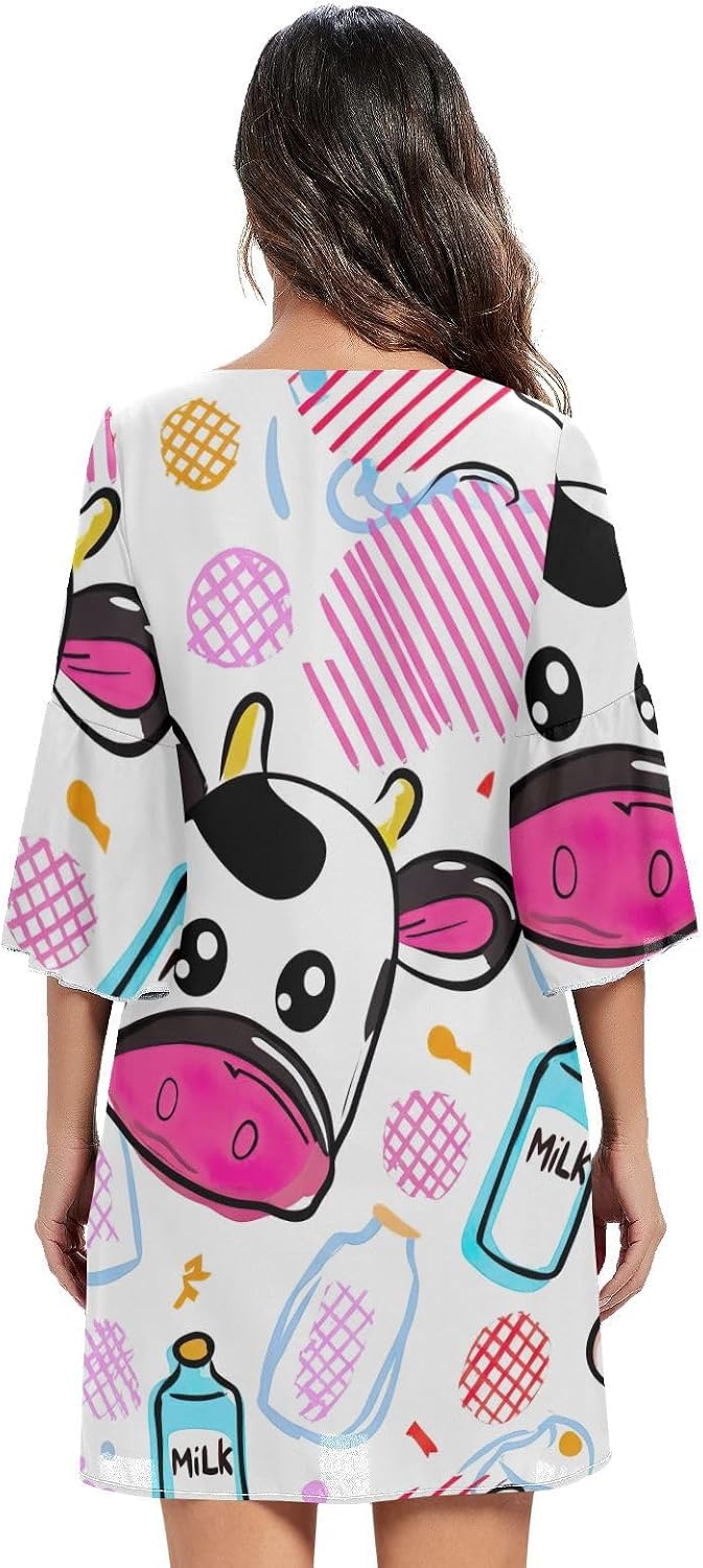 Adorable Cow Pink Casual V Neck Dress Printed Line Maternity Dress S-XXL