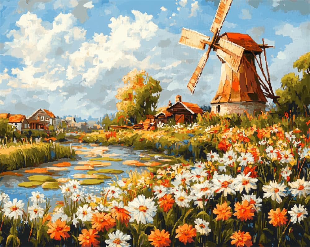 Rqwybcaxn Stamped Embroidery Kit for Beginners -Dutch Windmill Flower Sea 14Ct Stamped Cross Stitch DIY Craft Set,15.7X19.7Inch (40X50Cm) Hand Embroidery Kit for Adults Stitching Sewing Kit Gift