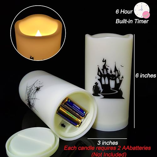 Miniatura 6 de Paquete de 2 velas LED de Halloween a pilas de 3 x 6 pulgadas, diseño de castillo de araña, velas parpadeantes sin llama de plástico con