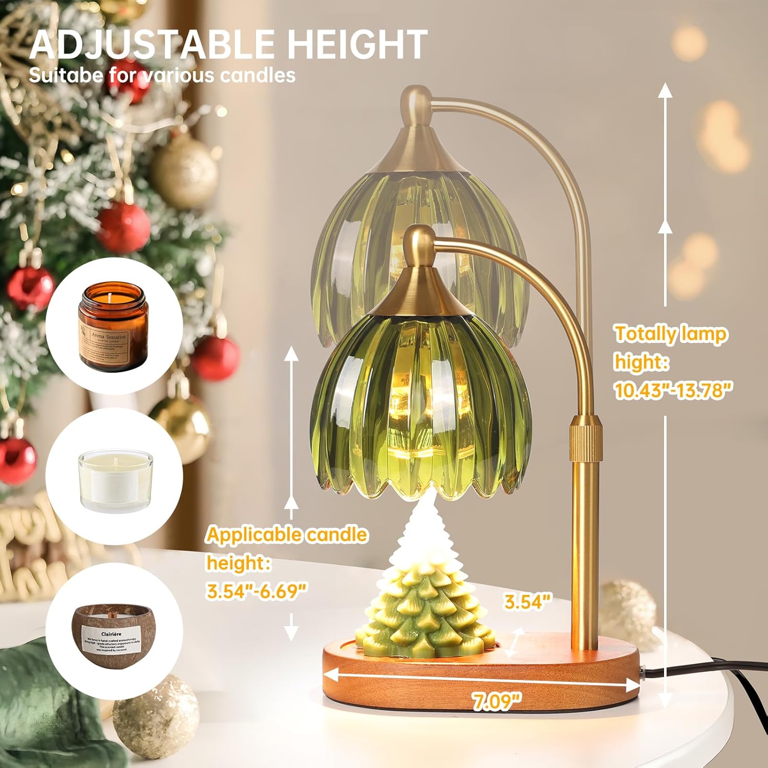 Green Tulip Wax Melt Warmer with Timer, Dimmable & Height Adjustable, Ideal for Jar Candles, Perfect Home Decor for Bedroom, Living Room, Office, Great Birthday Gifts for Women (2 Bulbs Included)