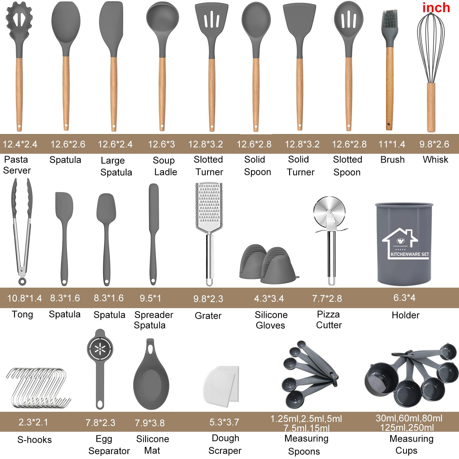 Juego de Utensilios de Cocina de Silicona, Juego de Utensilios de Cocina de Silicona de 43 Piezas, Juego de espátulas para Utensilios de Cocina con Soporte para cocinar Antiadherente,Gris