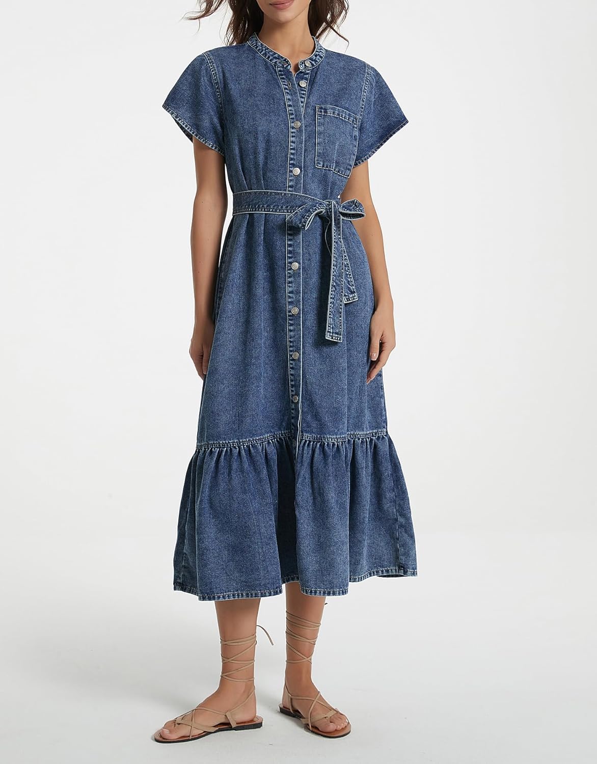 Kedera Summer Button Down Denim Shirt Dresses for Women Maxi Ruffle Short Sleeve Flowy Tiered Beach Sun Dress - Image 3