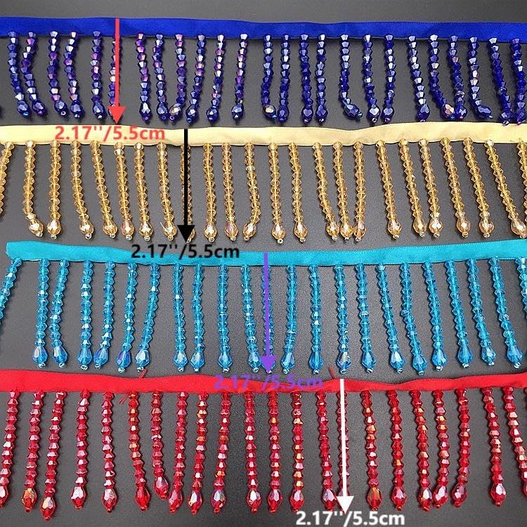 2 Yards Handmade Beaded Hanging Tassel Fringe Trim, Crystal Beads Tassel Fringing Trimmings for Sewing Craft Clothing Accessories (Golden)