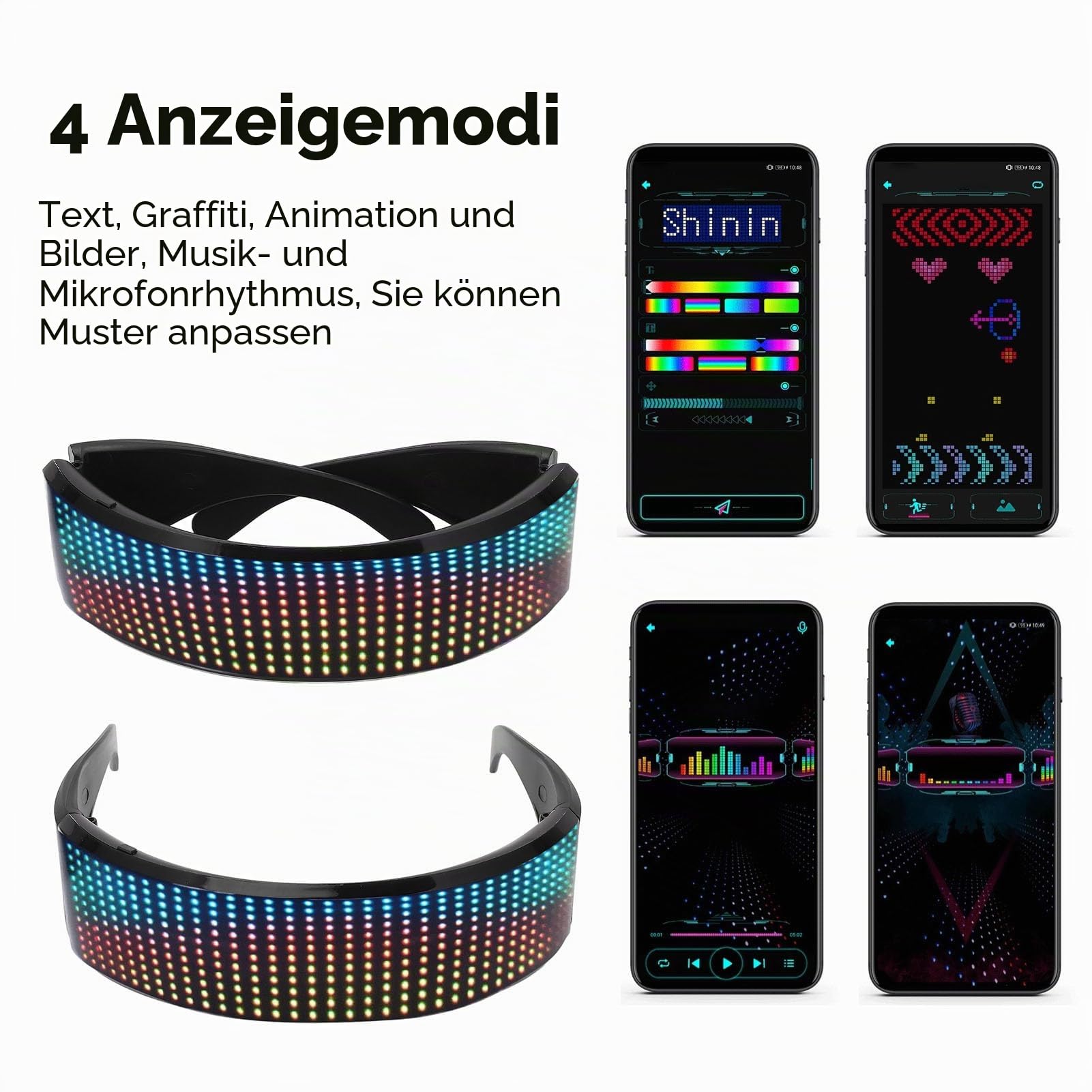 Bewinner RGB LED Brille für Helloween Party, Bluetooth Programmierbare Party Brille, Festival Outfit Herren für IOS, Android und PC