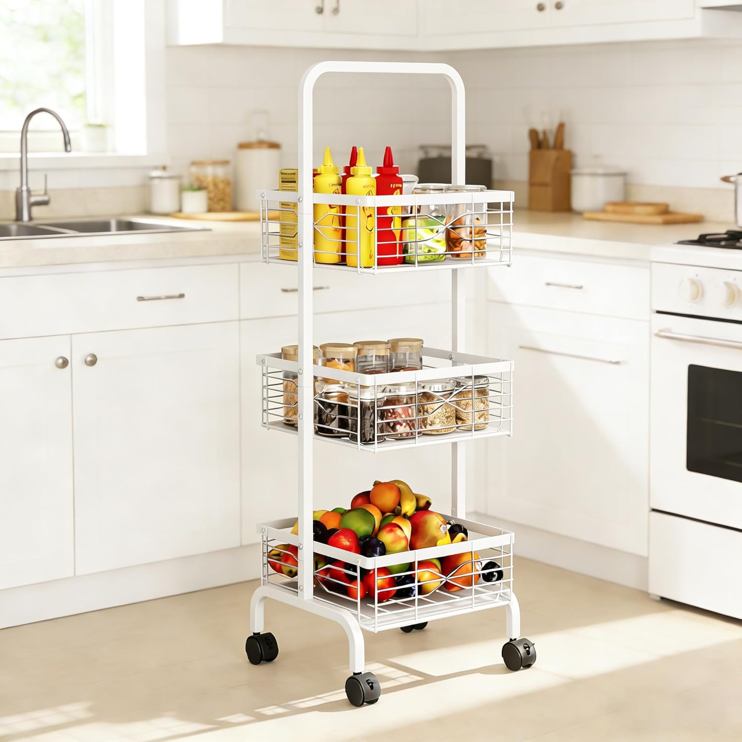 3 Tier Rolling Cart, Heavy Duty Metal Utility Cart with 4 Lockable Wheels & Handle, Multi-Purpose Storage Organizer for Kitchen, Bathroom, Laundry Room, Pantry, Office, Craft, Makeup (White)