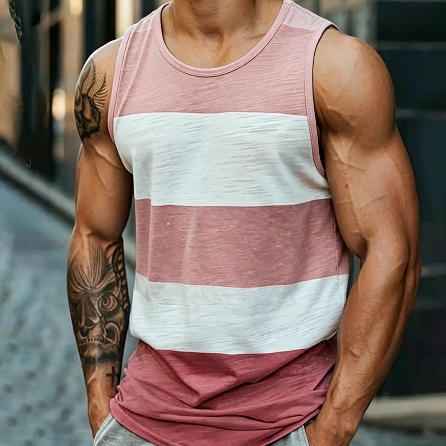 Plus Size Striped Tank Top Men Color Block Shirt Summer Sports Fitness Cut Off Tee Gym Bodybuilding Sleeveless Shirts