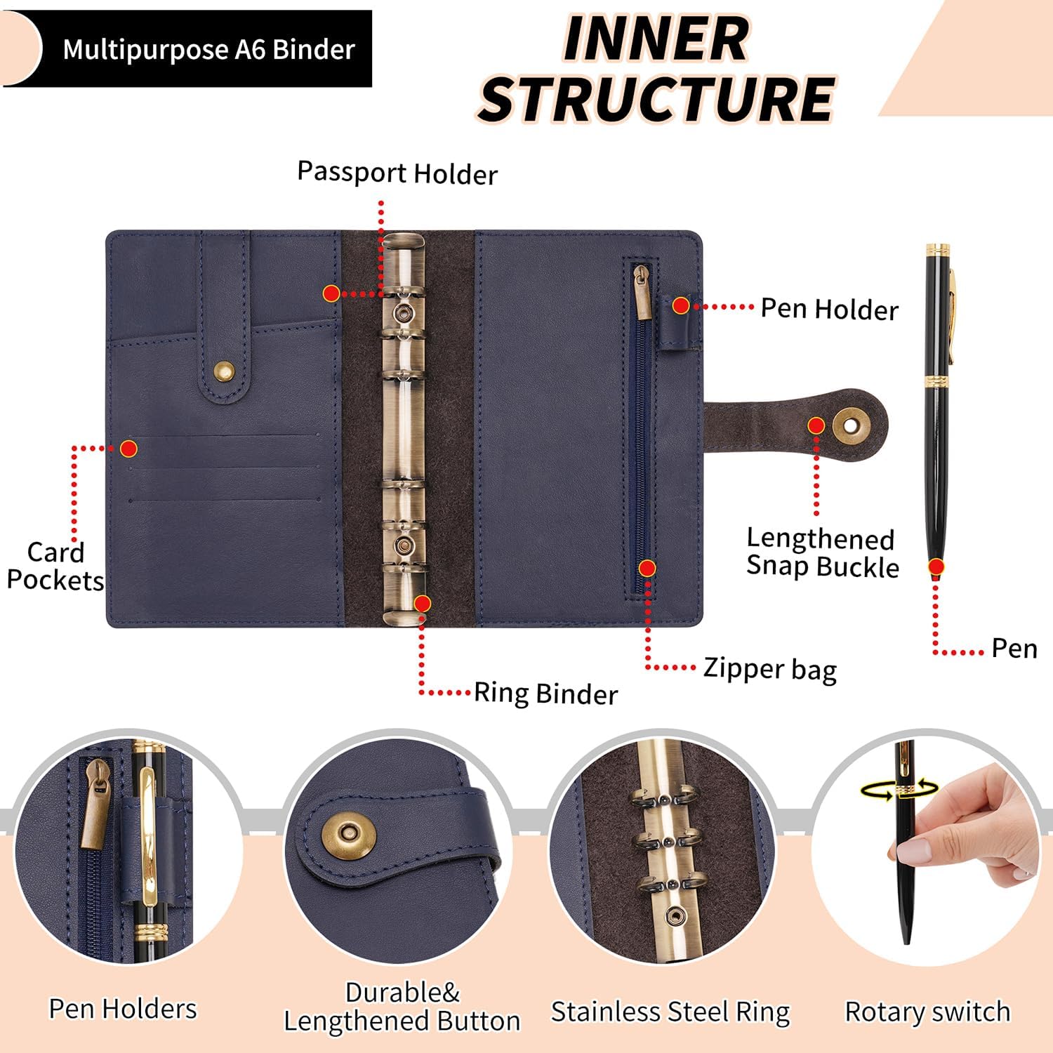Wonderpool A6 Binder Journal Leather Spiral Notebook Refillable College Ruled Paper, Budget Binder Rings Diary Organizer with Pen for Office School Travel Business Planning Writing (Blue,A6)