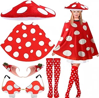 Geyoga Halloween Mushroom Costume for Women Mushroom Hat Fairy Elf Ears Fairy Woodland Adult Cape Sunglasses Red Poncho Cosplay Renaissance Accessories Outfits