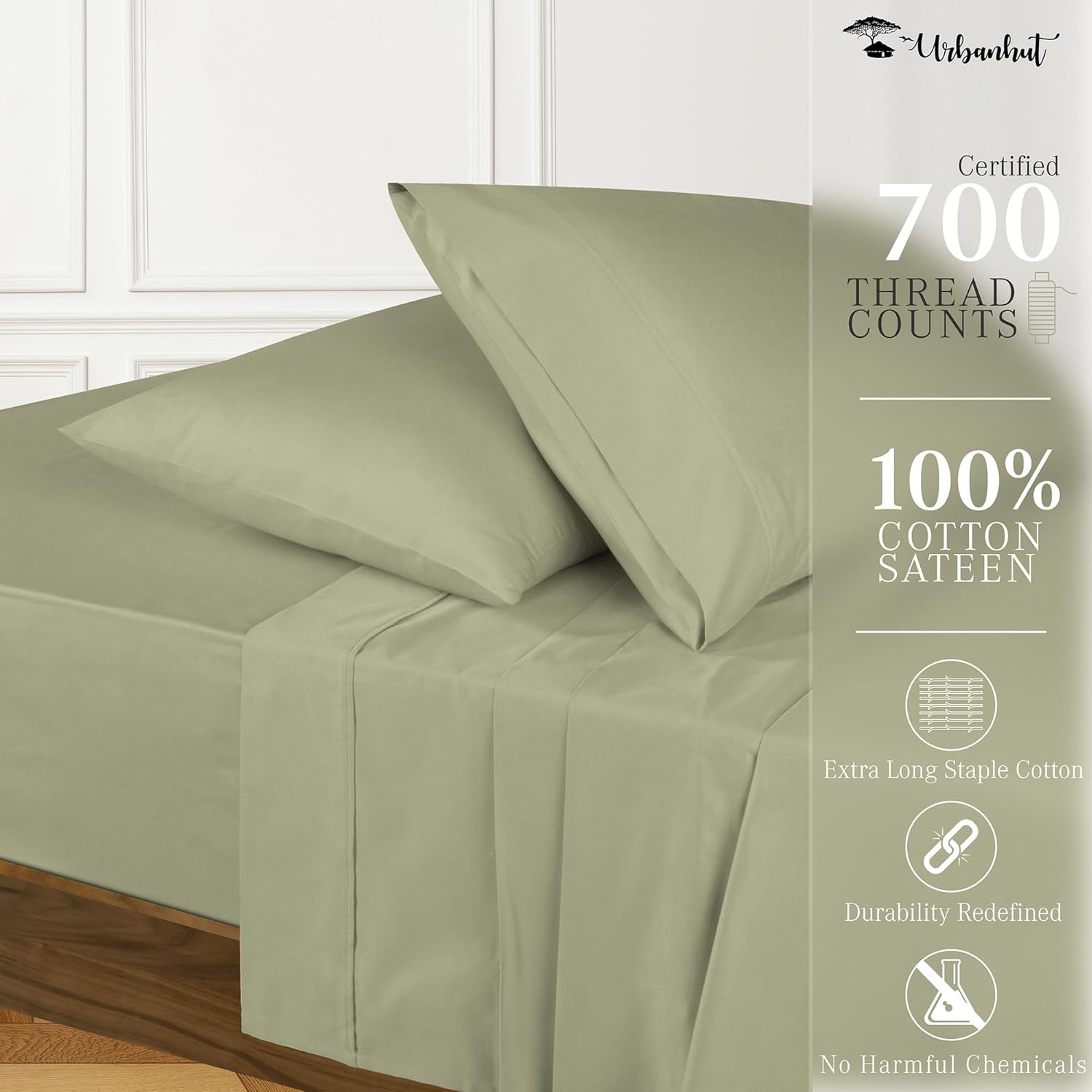 URBANHUT 700 Thread Count 100% Cotton Sheets Queen Size, 4Pc Sheet Set Luxury Bed Sheet for Queen Size Bed, Sateen Weave Hotel Sheets, Better Than Egyptian, 16'' Elasticized Deep Pocket - Sage - Image 2