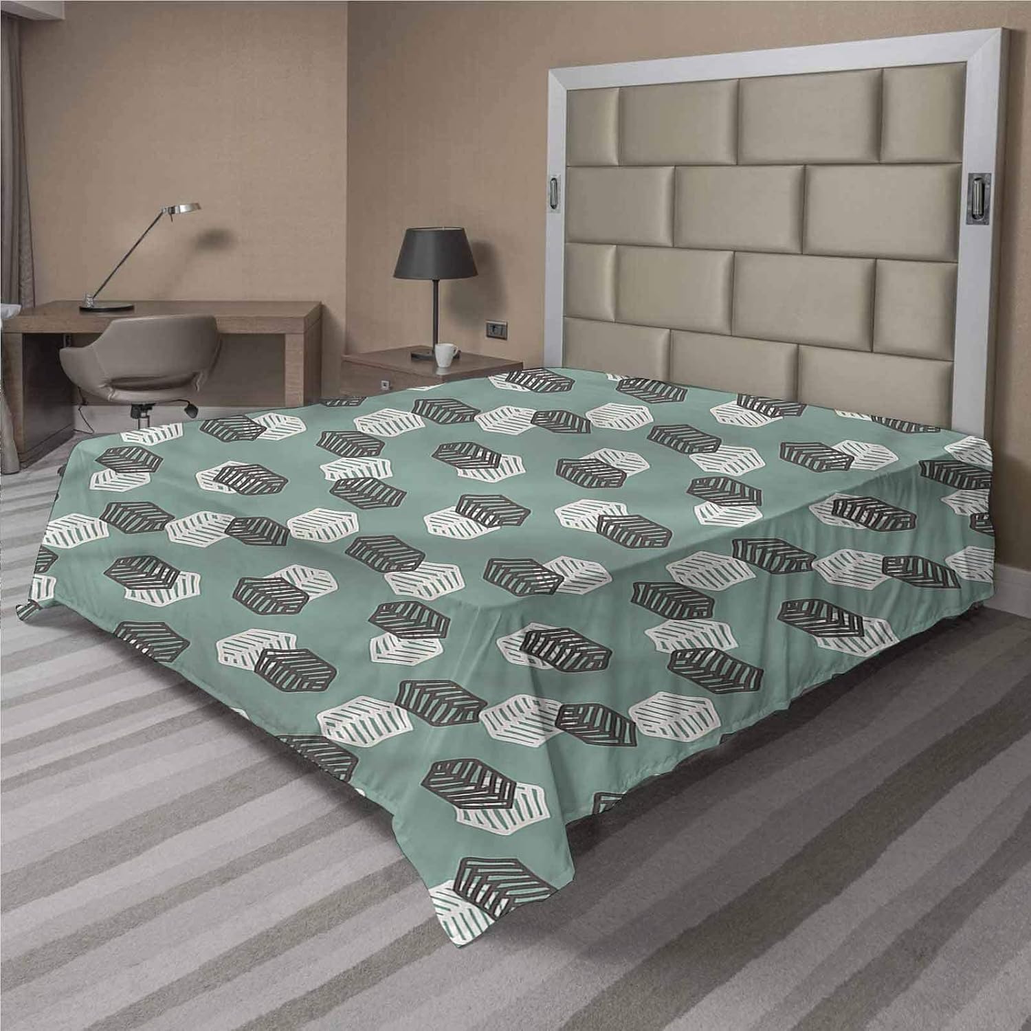 Green Flat Sheet Only,Geometric Foliage Leaves Brushed Microfiber Bedding Top Sheet
