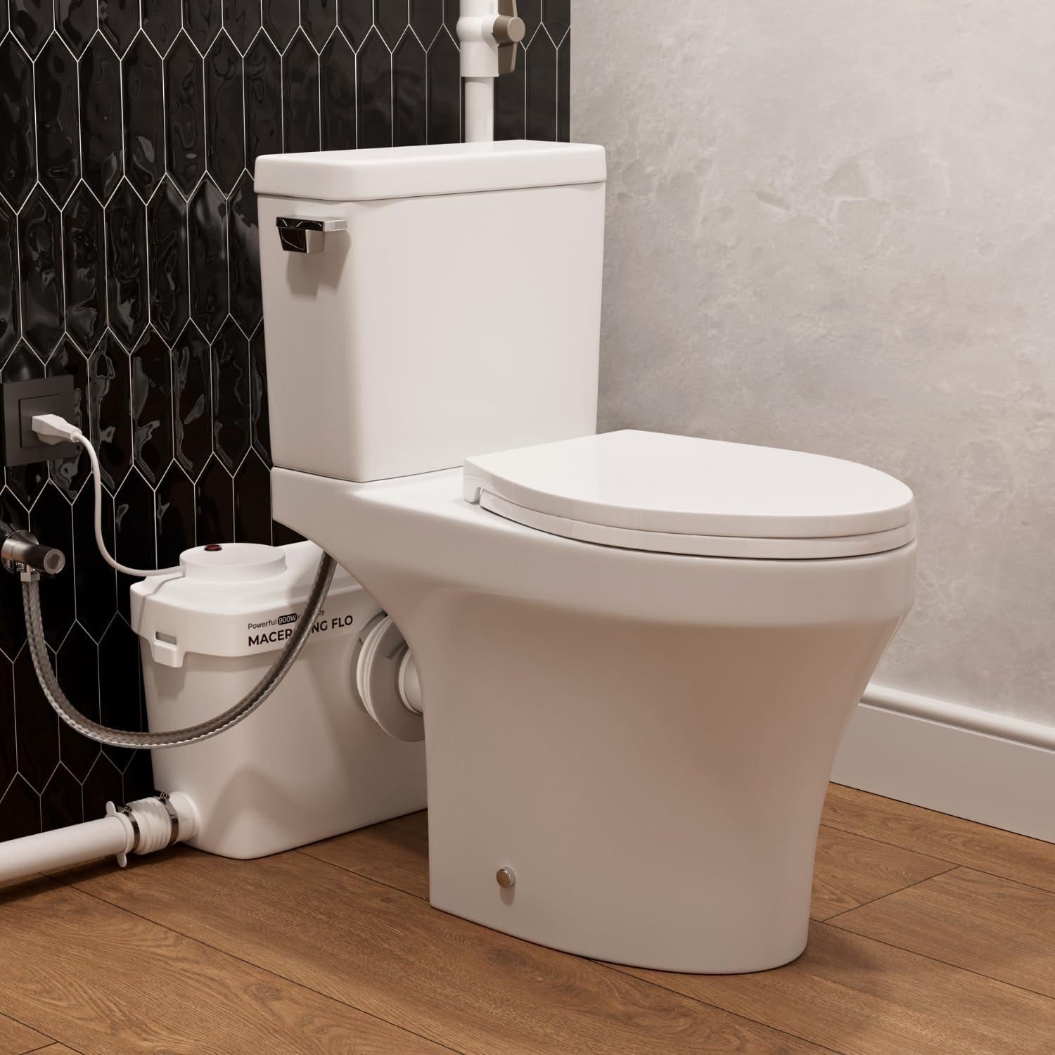 900W Upflush Toilet For Basement, 18" Comfort Height & Elongated Bowl Macerating Toilet System, 1.28GPF Rimless Flush, 39FT Vertically Macerator Pump with 3 Water Inlets, Extension Pipes Included
