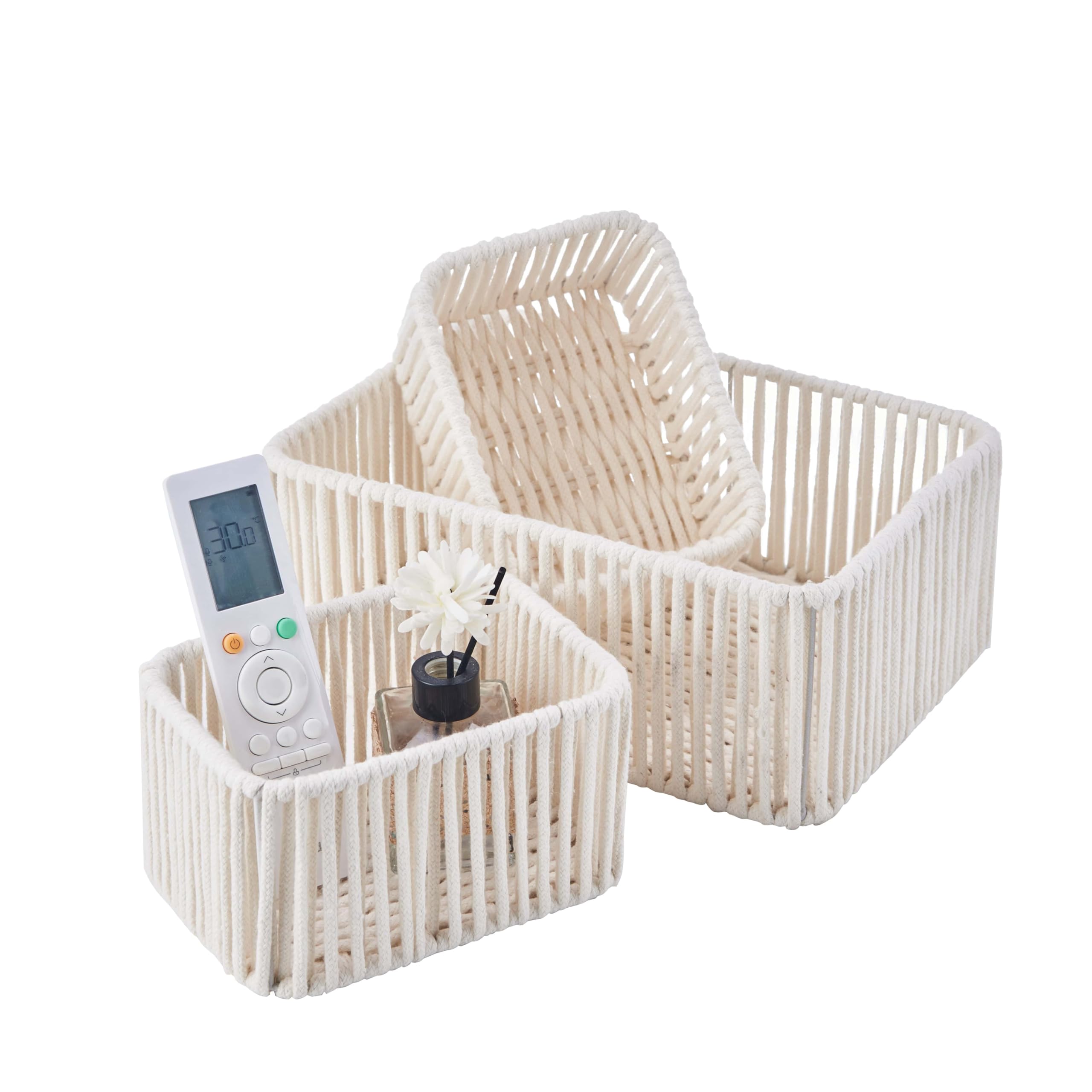 Eden & Willow Cream/White Set Of 3 Stackable Nordic Cotton Rope Storage Baskets | Storage Organiser Bins For Shelves, Bathroom And Toys | Small Baskets For Neutral Minimalistic Home Decor