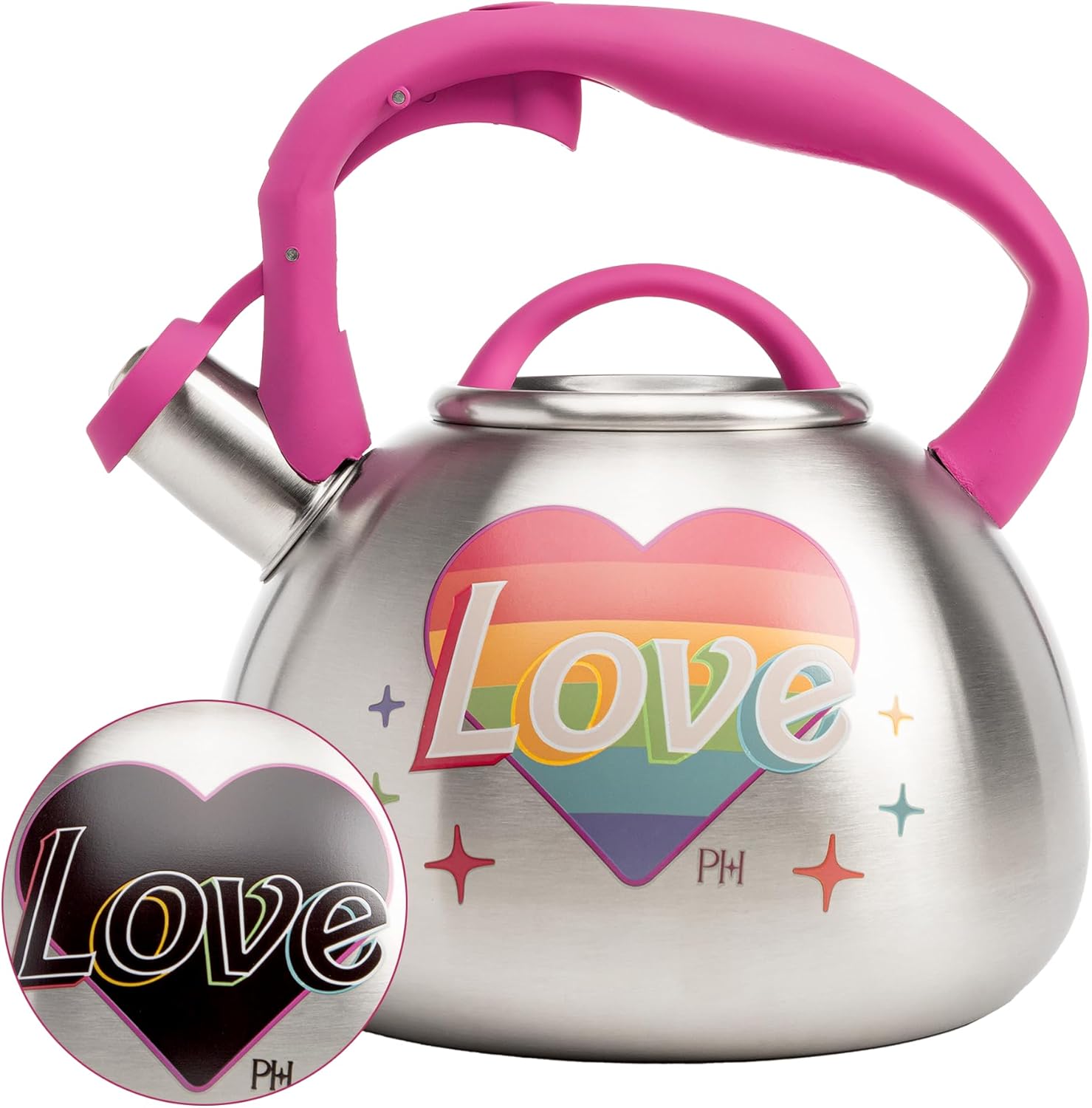Paris Hilton Whistling Stovetop Tea Kettle, Stainless Steel with Rainbow Love Color Changing Heat Indicator Design, Soft Touch Handle, 2.5-Quart, Love Rainbow