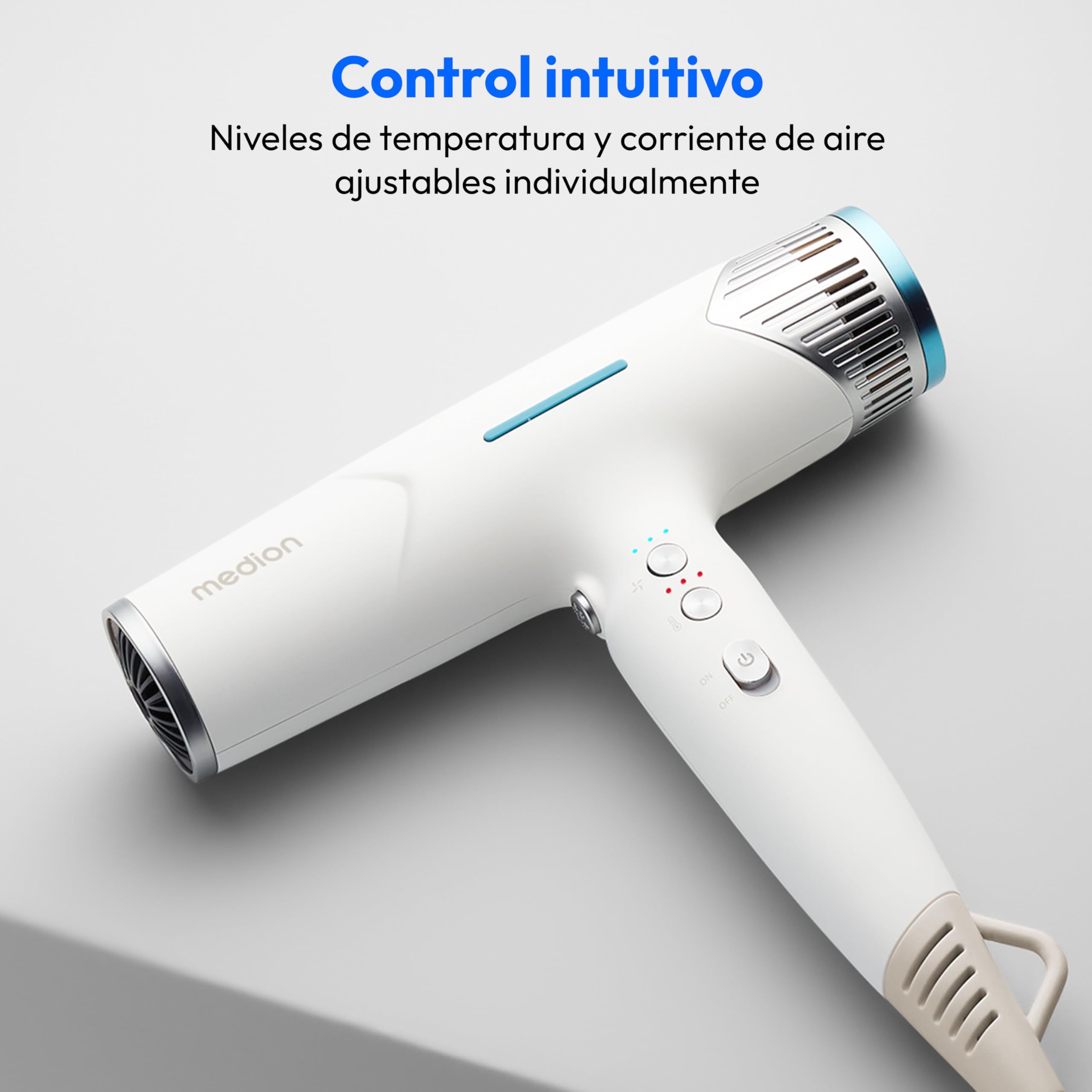 Secador de pelo MEDION HD2 (tecnología iónica, 1.500 vatios, difusor versátil y boquillas de peinado, motor BLDC de larga duración, función de autolimpieza, cable de alimentación largo) blanco