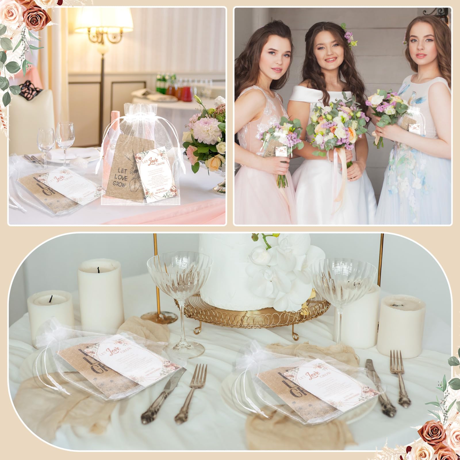 Ireer 301 Hochzeitsgeschenk-Set beinhaltet 1 Holzschild mit Aufschrift "Let Love Grow", 100 selbstklebende Samenpakete, Kraftpapier, Samenumschläge, 100 Dankeskarten, 100 Organza-Geschenktüten (Boho)