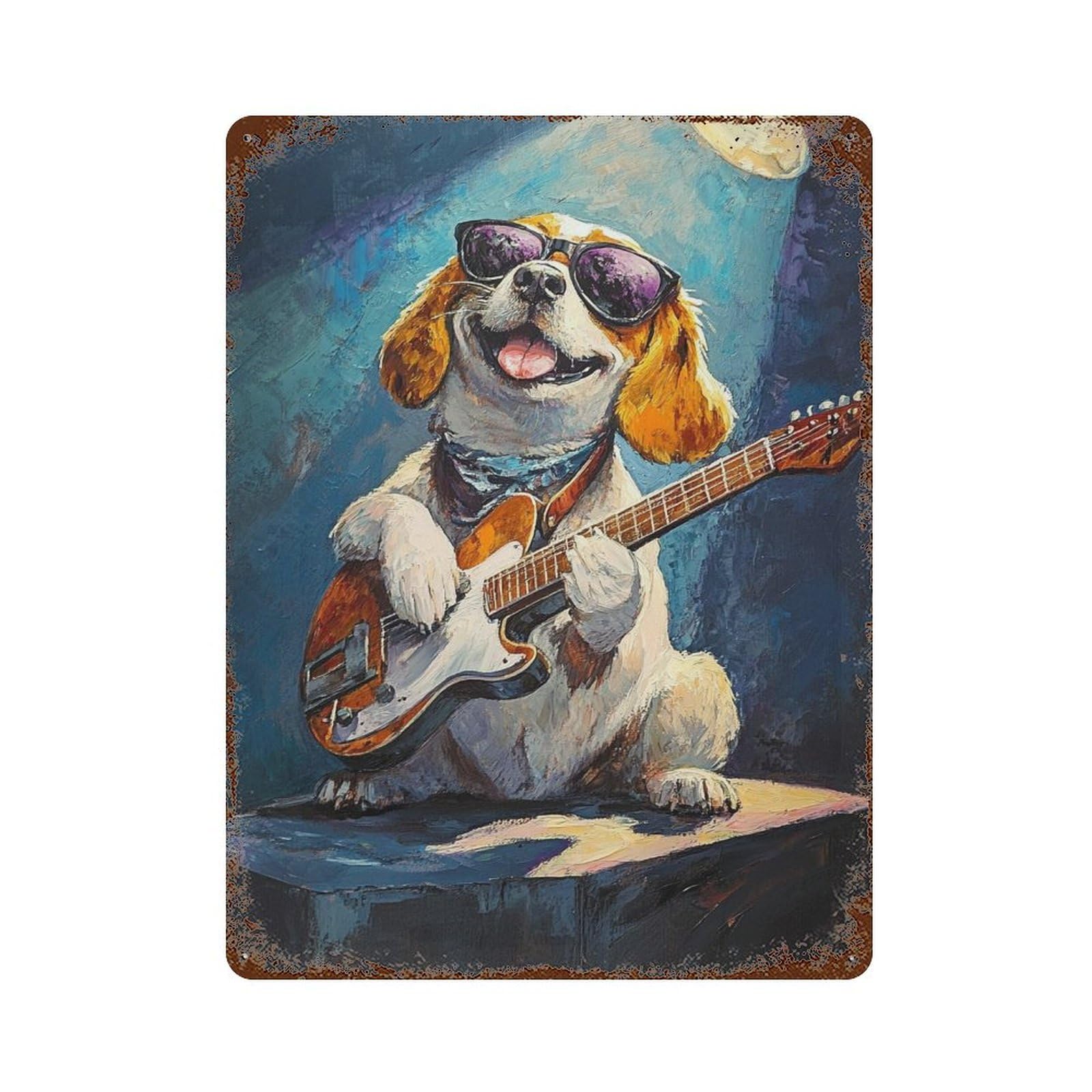 Rock Star Pup with Guitar -1 Vintage Rust Metal Sign 15.7"x11.8", Shabby Chic Decor for Living Room, Hallway And Home Decor