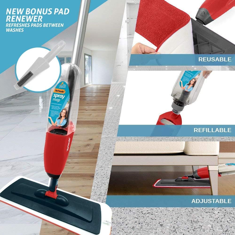 Vorfreude Floor Mop with Integrated Spray, Refillable 700ml Capacity Bottle and Reusable Microfiber Pad (Red)