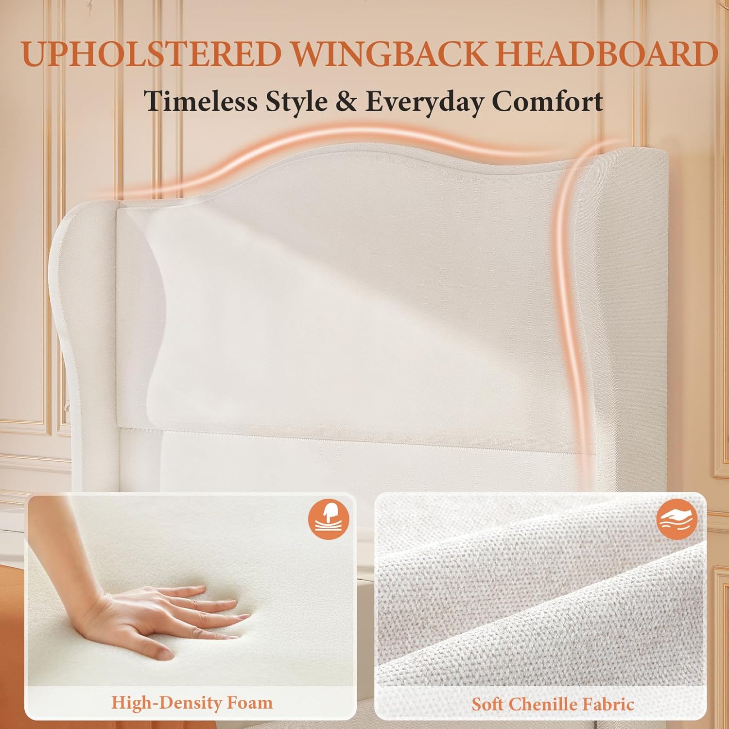 koorlian King Size Bed Frame Chenille Upholstered Platform Bed with Headboard and Footboard, 51" High Deep Tufted Wingback Sleigh Upholstered Bed, Modern Retro Minimalist Style, Easy Assembly, Cream