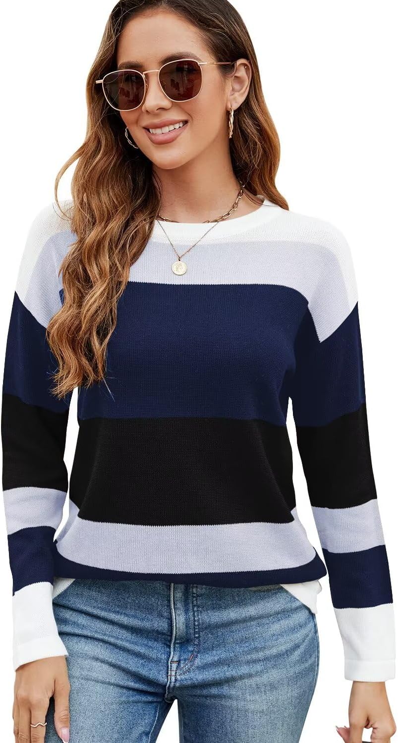 FEKOAFE Women's 2026 Cute Striped Sweaters Crew Neck Long Sleeve Pullover Sweaters for Women