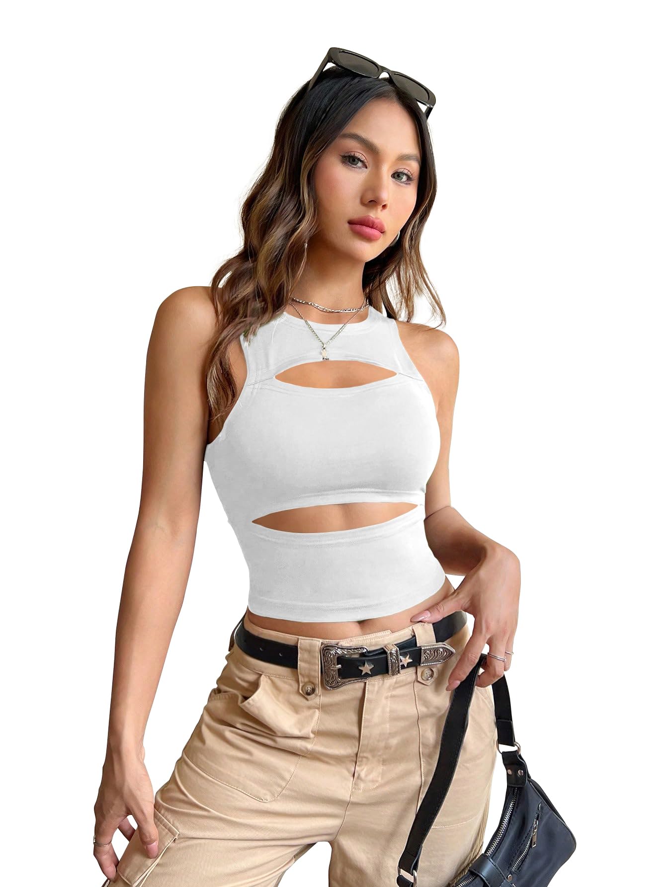 Sugathari Canottiera da donna e ragazza, slim fit, tinta unita, girocollo, estiva, elasticizzata, per feste, abbigliamento da strada (maglietta 262)