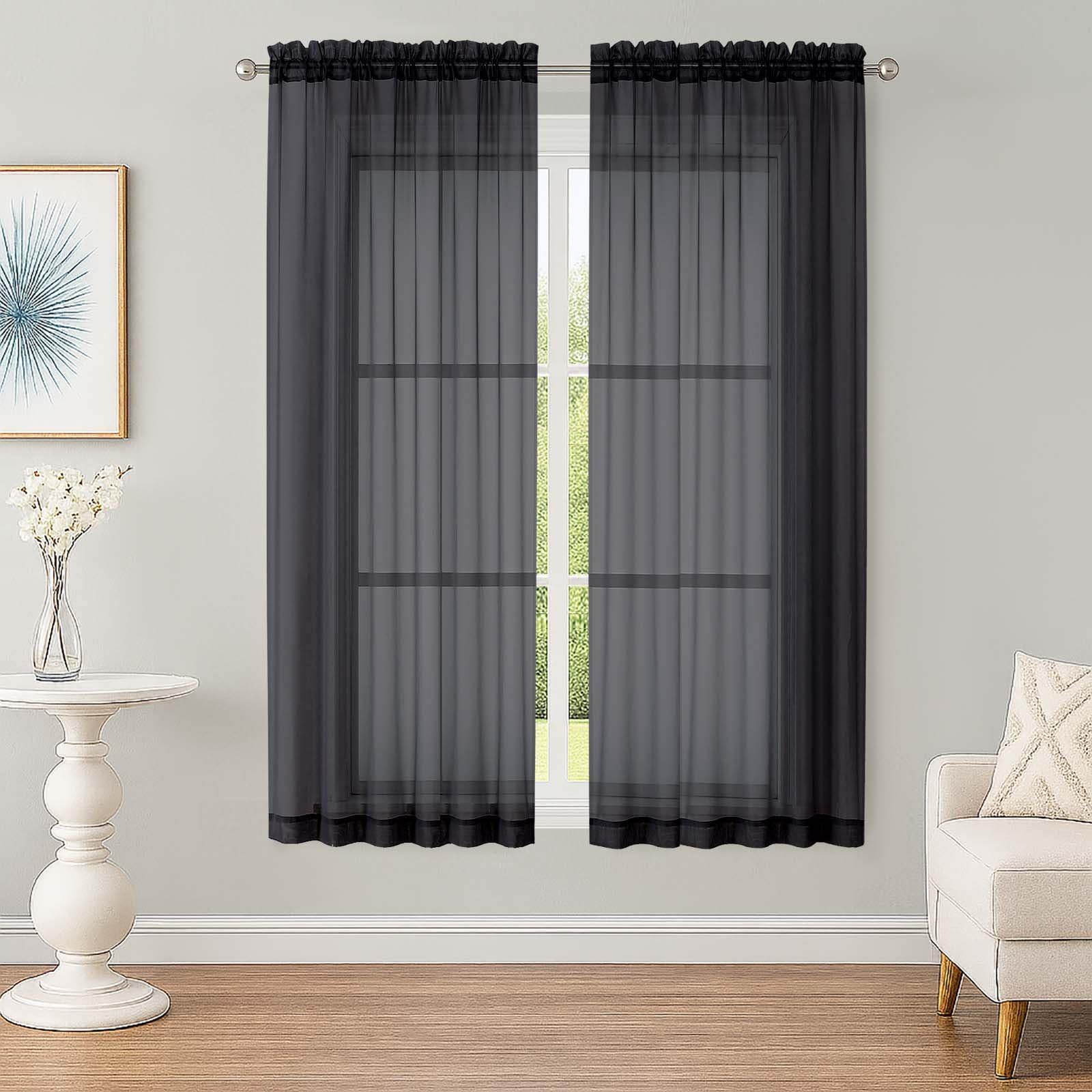 OWENIE Black Sheer Curtains 63 inch Length 2 Panels Set, Rod Pocket Voile Fimly Sheer Drapes for Living Room/Bedroom, 2pcs, Each 52" W x 63" L
