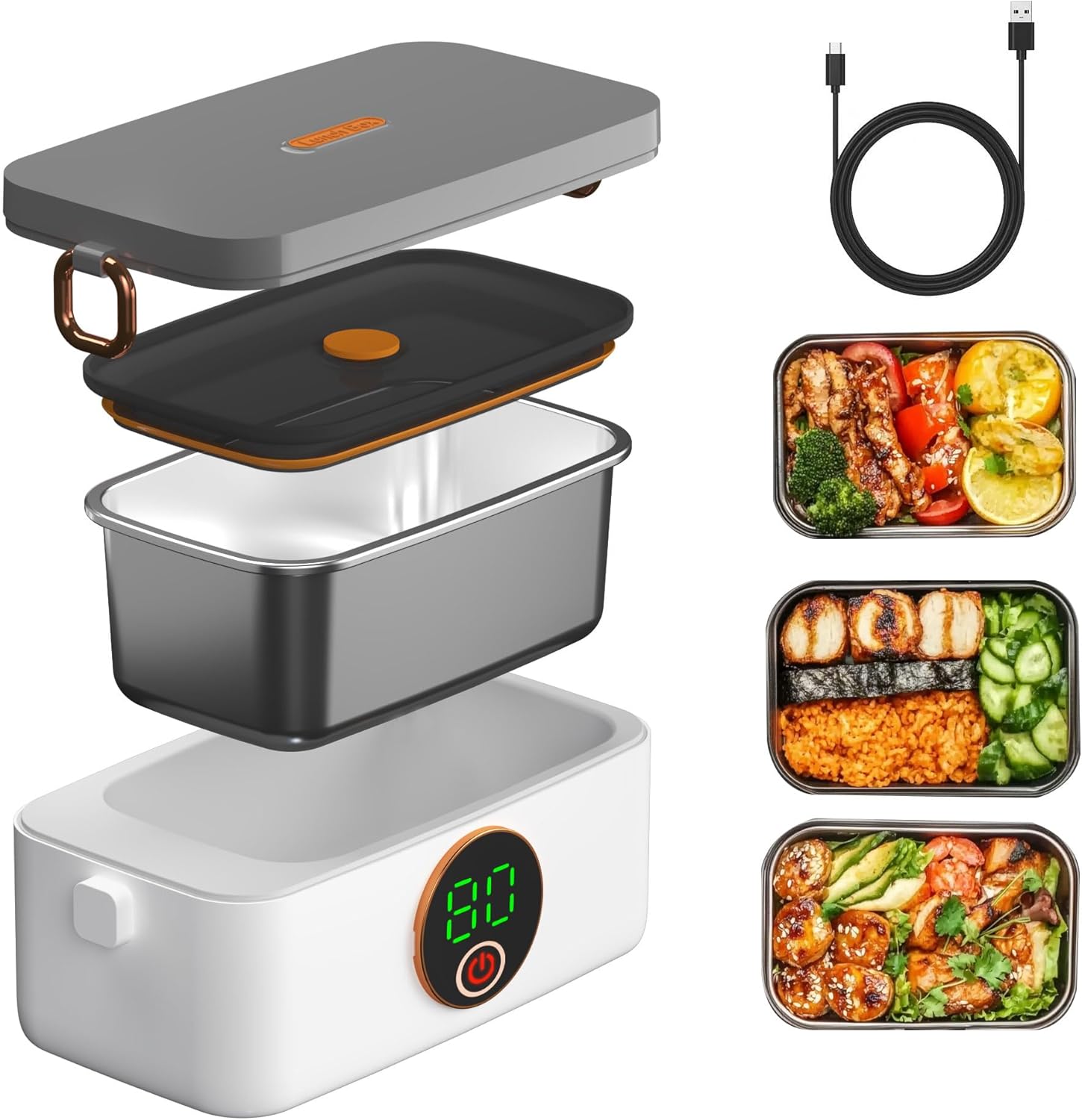 Portable Cordless Electric Heated Lunch Box for Adults,Heating Food Warmer Lunch Box,Rechargeable 16000mAh Battery,1000ml Capacity Inner Container,Lunchbox for Travel,Outdoor,Picnic,Office