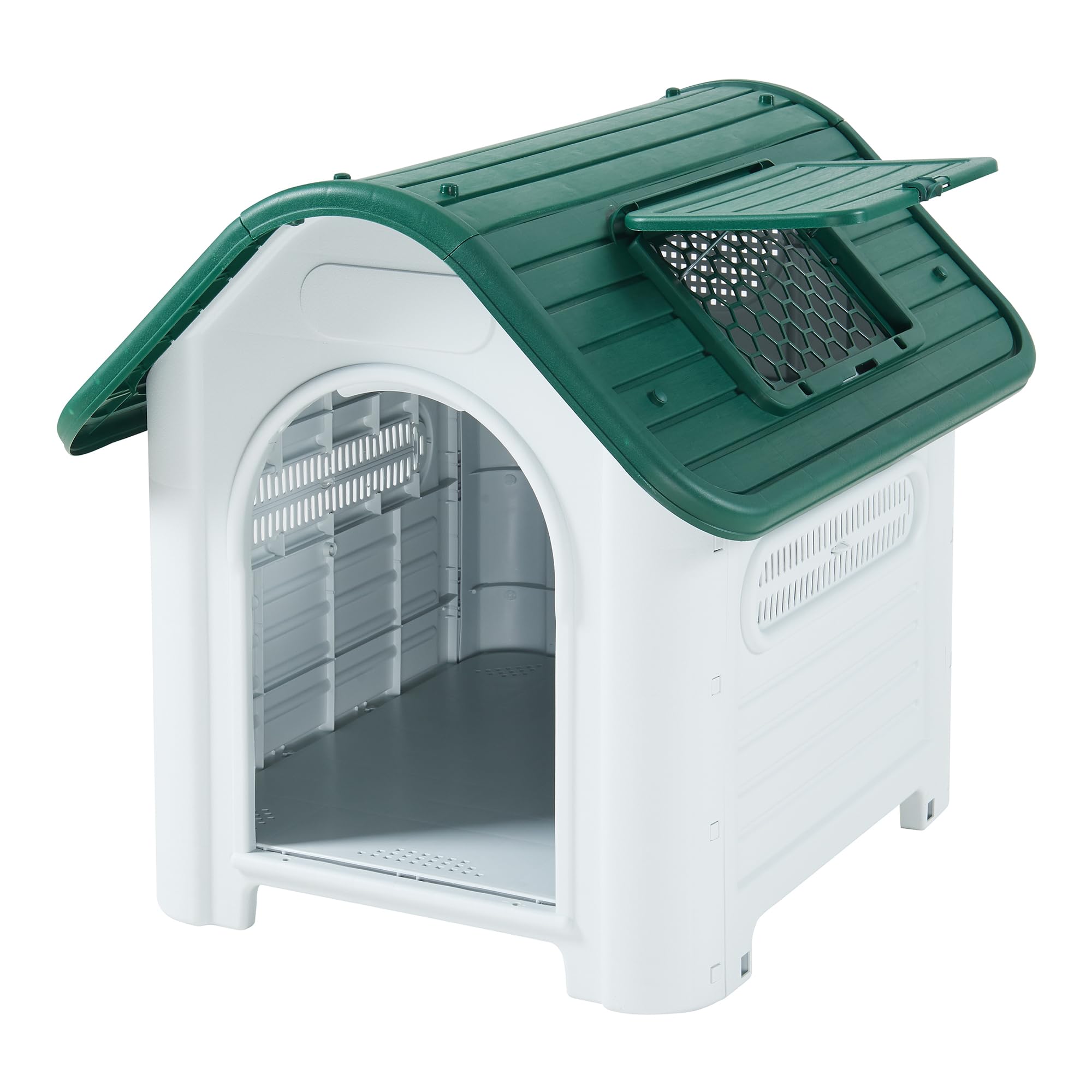 [en.casa] Hundehütte Outdoor Bello Hundehöhle wetterfest Hundehaus mit Dachluke und Lüftungsschlitzen 87 x 72 x 75 cm Kleintierhaus erhöhter Boden Kunststoff Weiß/Grün
