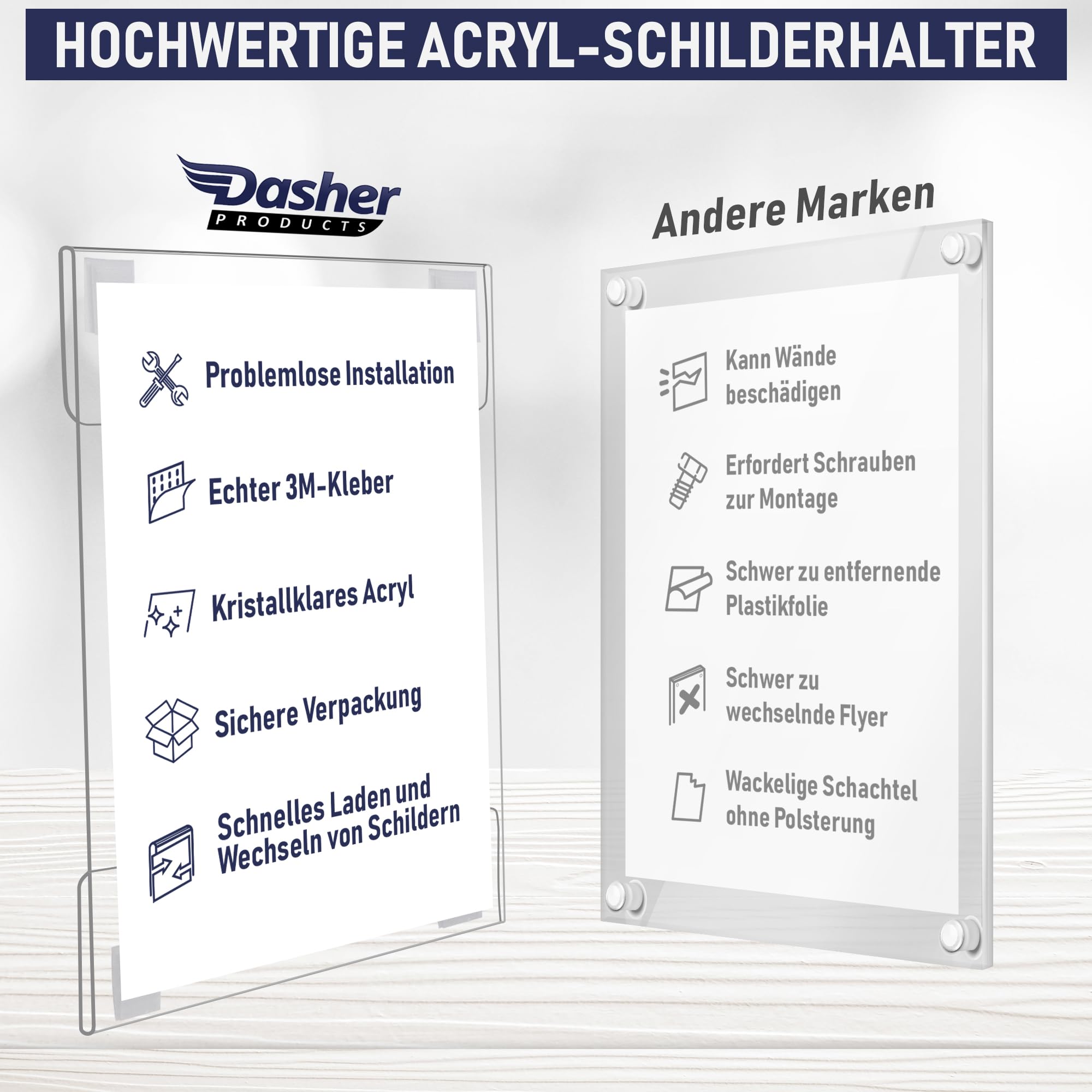 Acryl-Schilderhalter zum Einklemmen, A4 - Hoch- oder Querformat, durchsichtiger Wandrahmen, perfekt für Zuhause, Büro, Geschäft, Laden, Restaurant, mit Klettverschluss zur Wandbefestigung (A4-6 Pack)