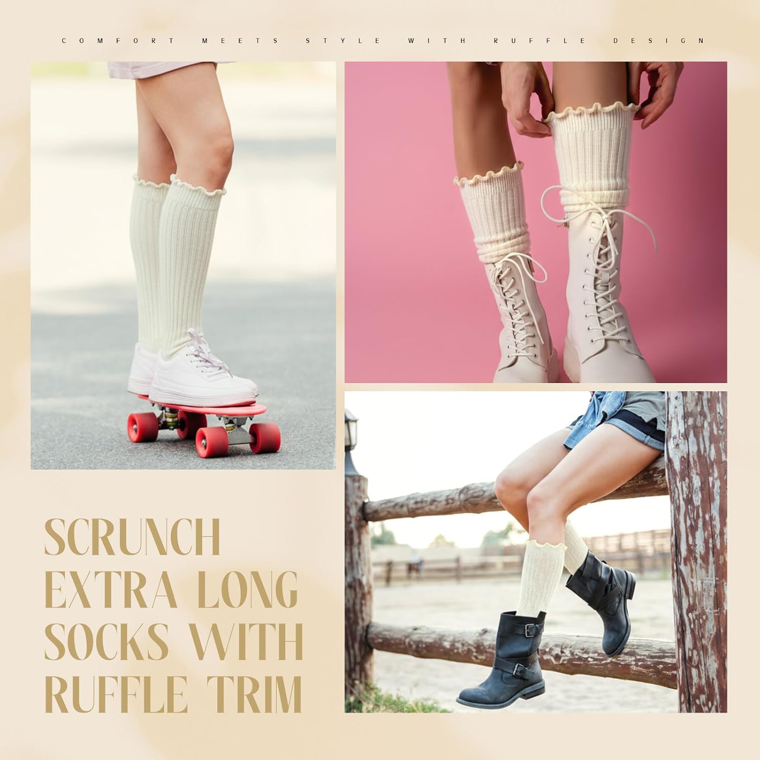 Sintege Ruffle Slouch Socks for Women Knit Knee Boot High Socks Ruffle Long Tube Soft Scrunch Women's Legging Sock