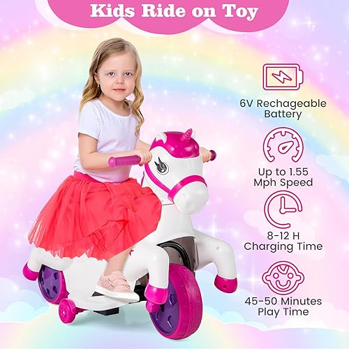 Miniatura 4 de OLAKIDS 2 en 1 motocicleta y caballo, unicornio de 6 V, juguete de paseo con batería con función de arriba y abajo, MP3, pantalla de potencia