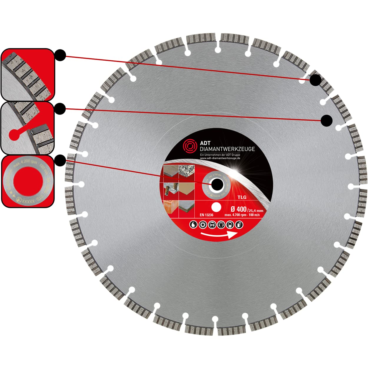Diamante Piezas Premium/Laser Soldado/diámetro 400 mm/orificio de 25,4 mm)