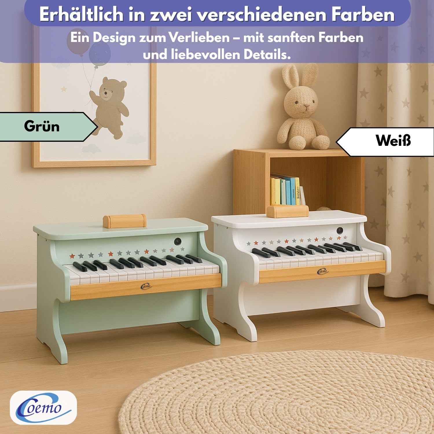 Coemo Kinder-Klavier, 42x25x29 cm, 25 Tasten Piano für Kinder, Mädchen | Musik Lerninstrument Spielzeug, Motorikspielzeug, Holzklavier für Kleinkinder, Jungen Klavier, Zwei Varianten, saubere Töne