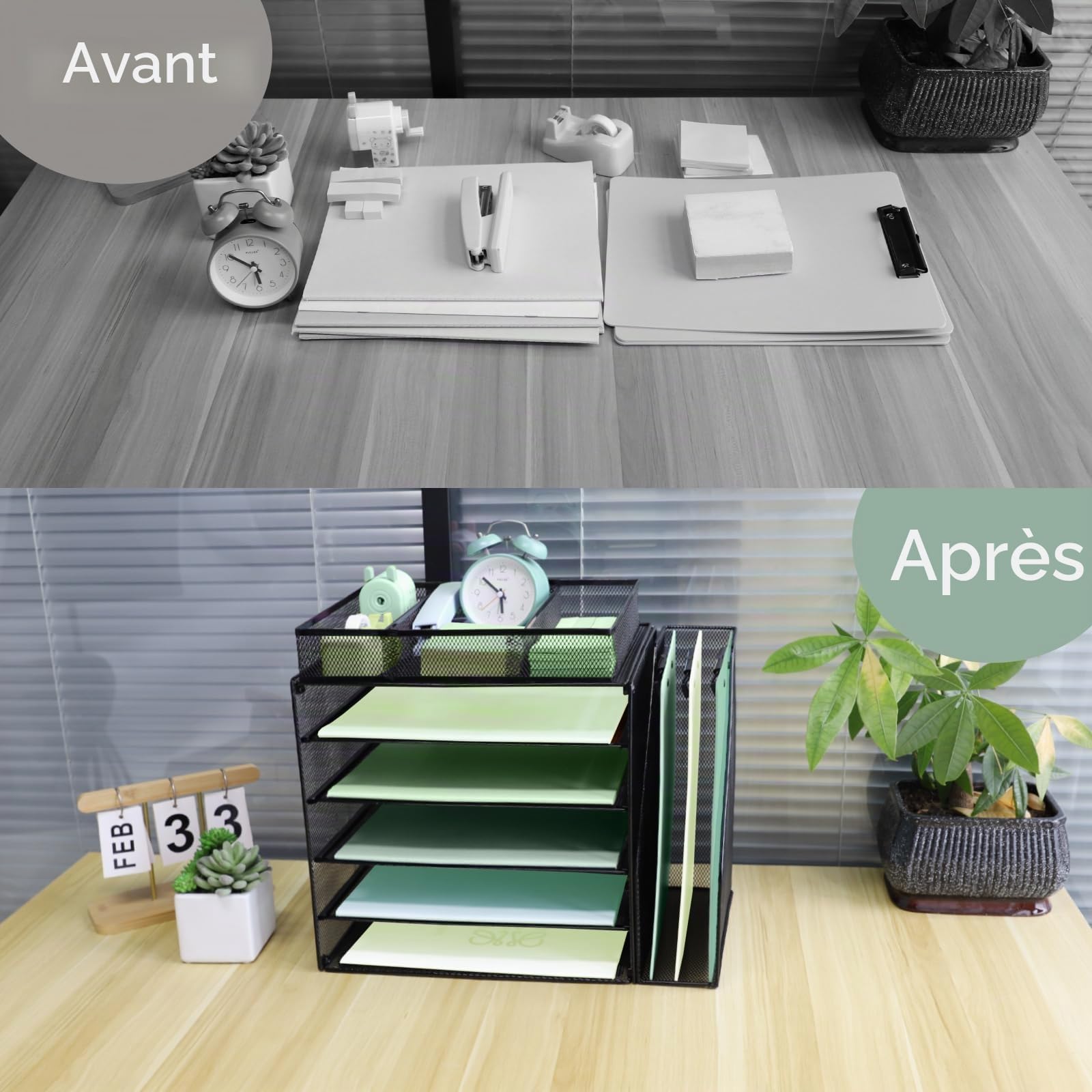 Organiseur de bureau à 5 niveaux avec trieur de fichiers vertical supplémentaire, bac à courrier avec support de tiroir pour papeterie, plateaux de classement de bureau A4, porte-magazines et