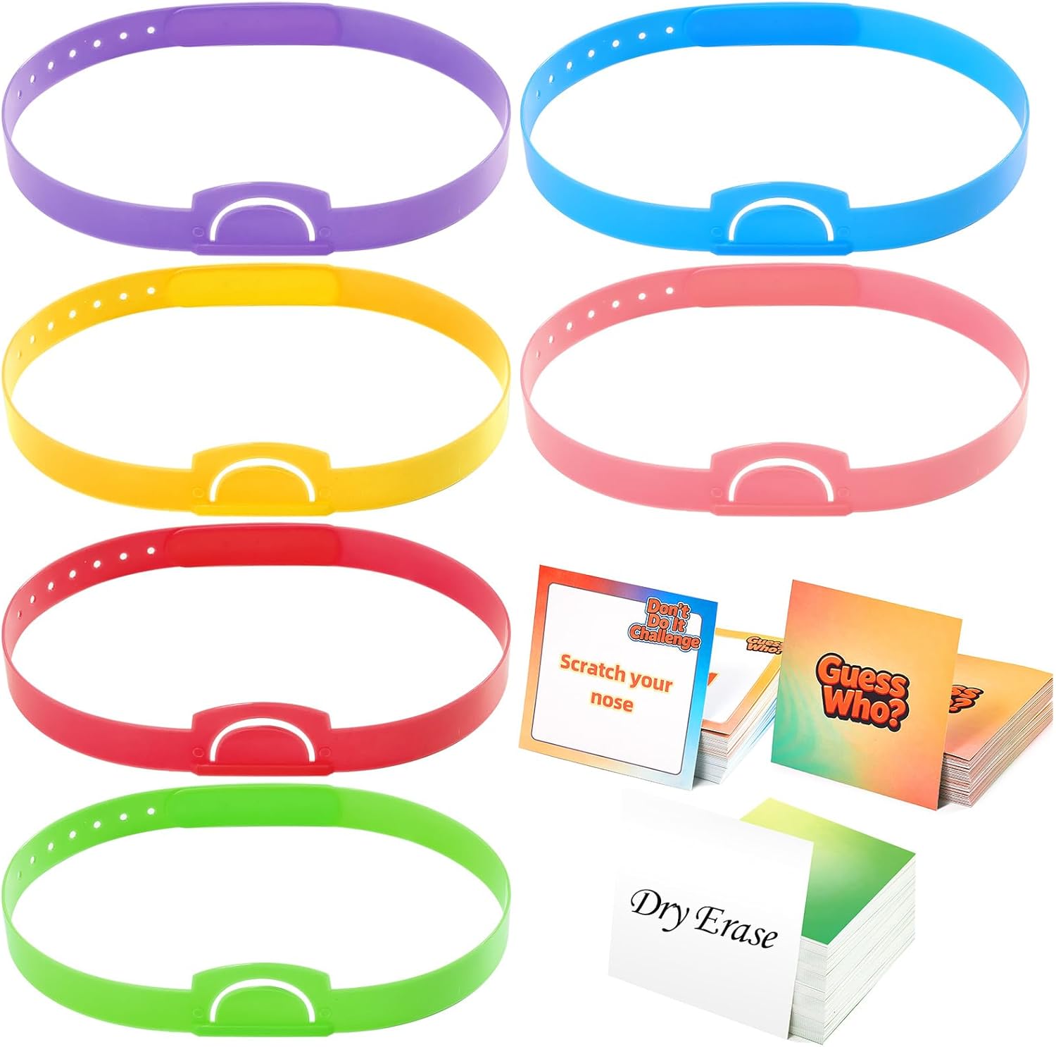 166 Pcs Headbands Game Set 6 Pcs Adjustable Headbands Board Game Can Insert Card with 100 Dry Erase Cards 60 Guess Who & Dont Do It Challenge Cards for Group Fun Family Night Party Activities