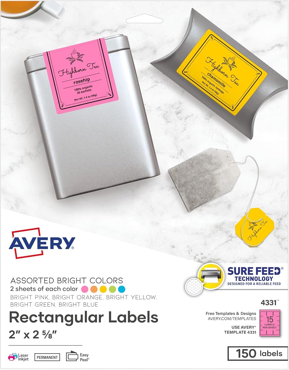 Avery Printable Labels, Sure Feed Technology, 2" x 2-5/8", Assorted Bright Colors (Pink, Blue, Green, Yellow, and Orange), Laser & Inkjet Compatible, 150 Blank Labels Total (4331)