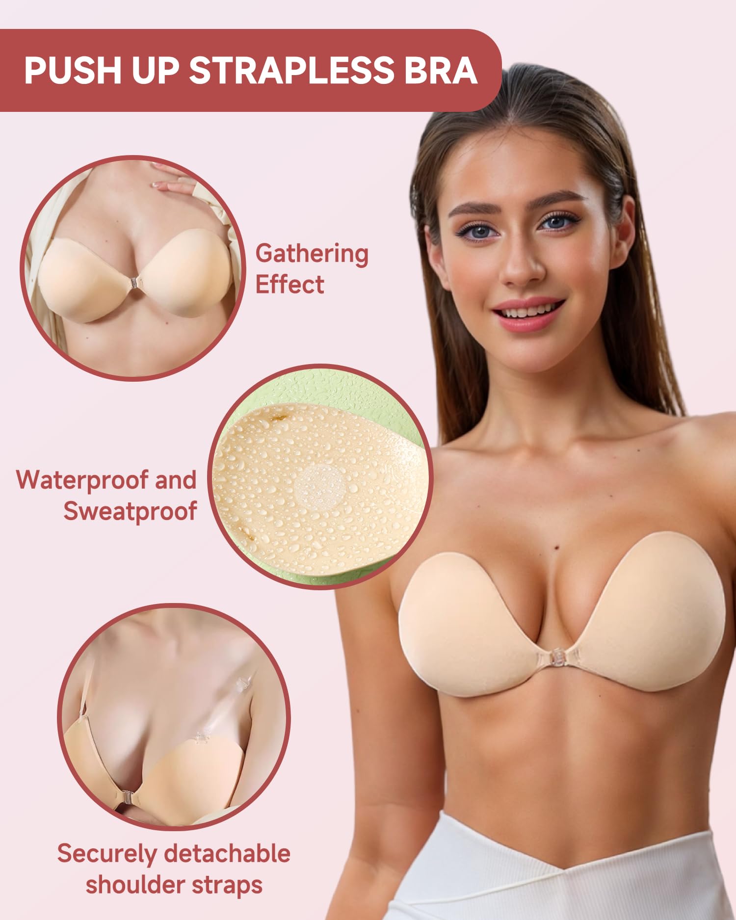 Reggiseno senza spalline super spesso senza spalline per push-up, reggiseno adesivo invisibile imbottito per le donne