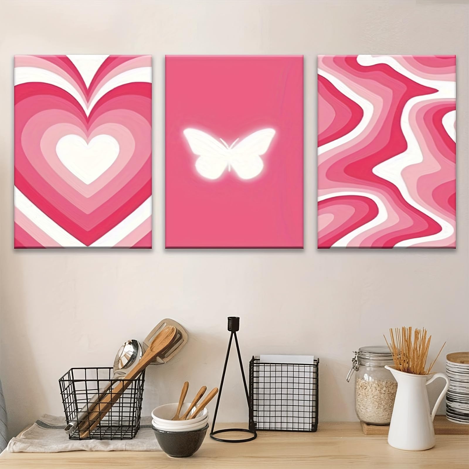 EGJEPWFH Pink Abstract Butterflies and Hearts Wall Art - Modern Minimalist Aesthetic Indoor Wall Decor(60x90cmx3/NO frame)