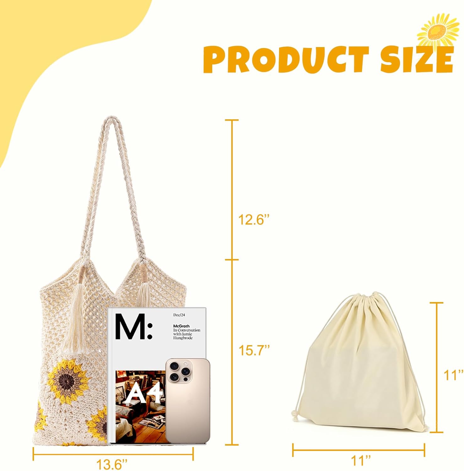 Crochet Beach Bag for Women: Handmade Sunflower Tote with Boho Fringe, 2026 Summer Vacation Shoulder Purse | Work, Woven, Soft, Vintage, Gift for Women