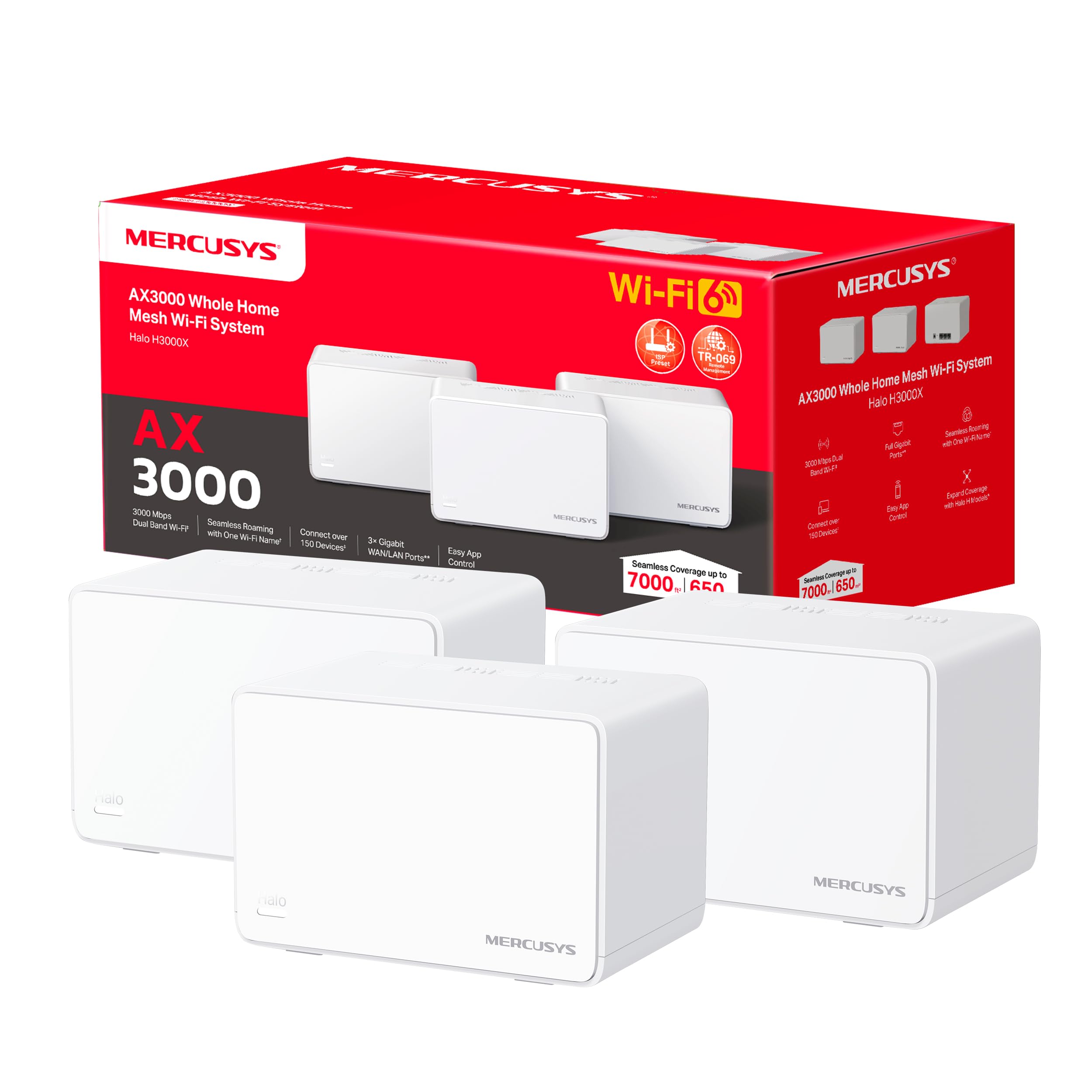 Mercusys Halo H3000X(3-Pack) – Mesh WiFi 6 AX3000 Router, Dual Band 2 4Ghz/5Ghz, 3X Gigabit Ports, Coverage up to 650 m², MU-MIMO,OFDMA, 1024-QAM