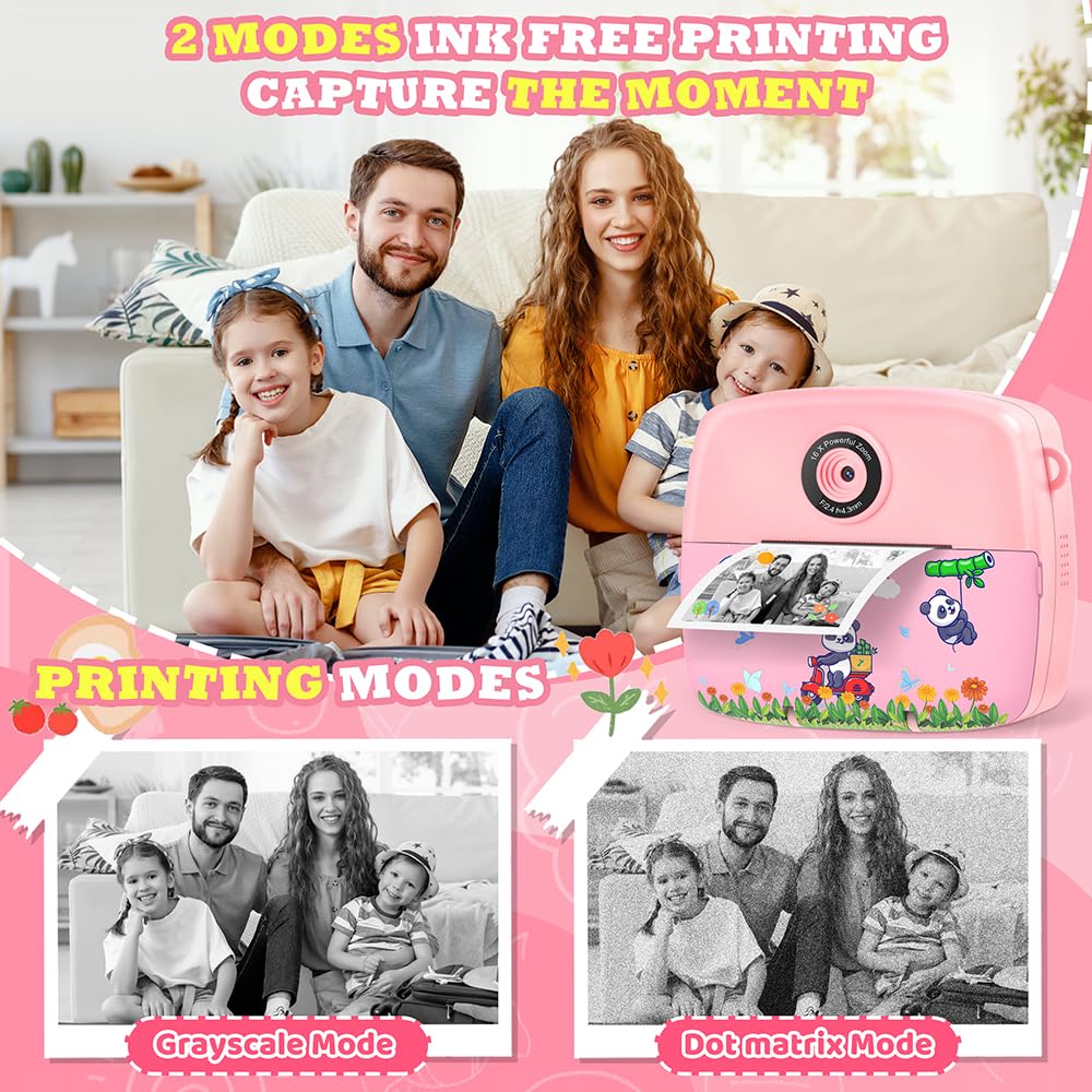 CNAPXAIA Macchina Fotografica Bambini Istantanea, 2,4" 1080P Fotocamera Digitale Bambini con 32 GB Scheda e 3 Rotoli di Carta da Stampa, Rosa