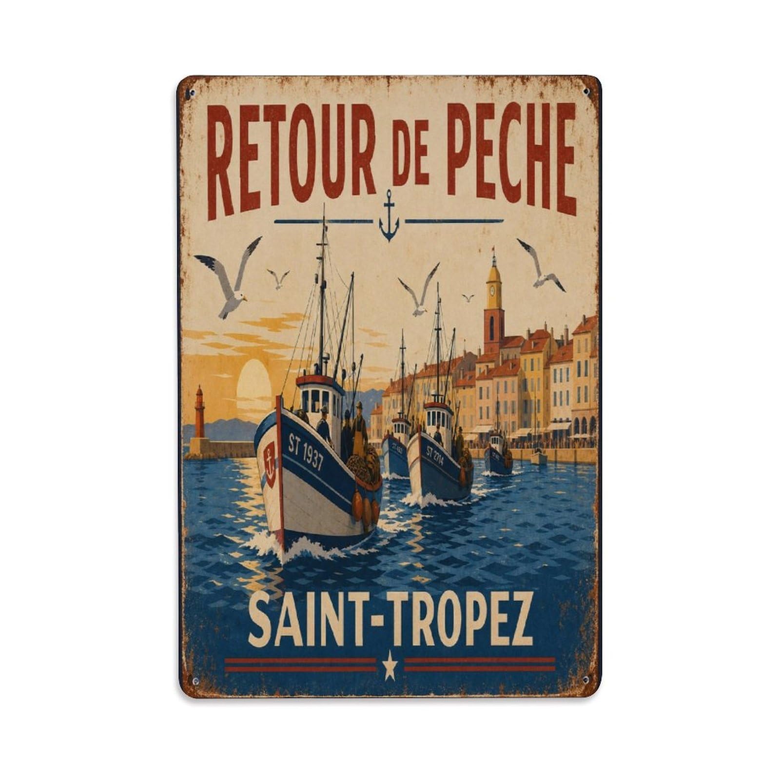 France Harbor Maritime Heritage Dockside Metal Tin Sign Plaque Wall Decor for Cafe, Man Cave, Club Bar, Office, Home Garden Round Metal Poster 8x12Inch
