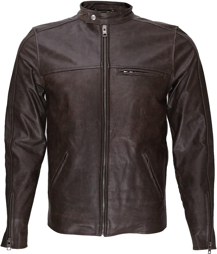Distressed Brown Cafe Racer Biker Moto Cowhide Leather Jacket - M2